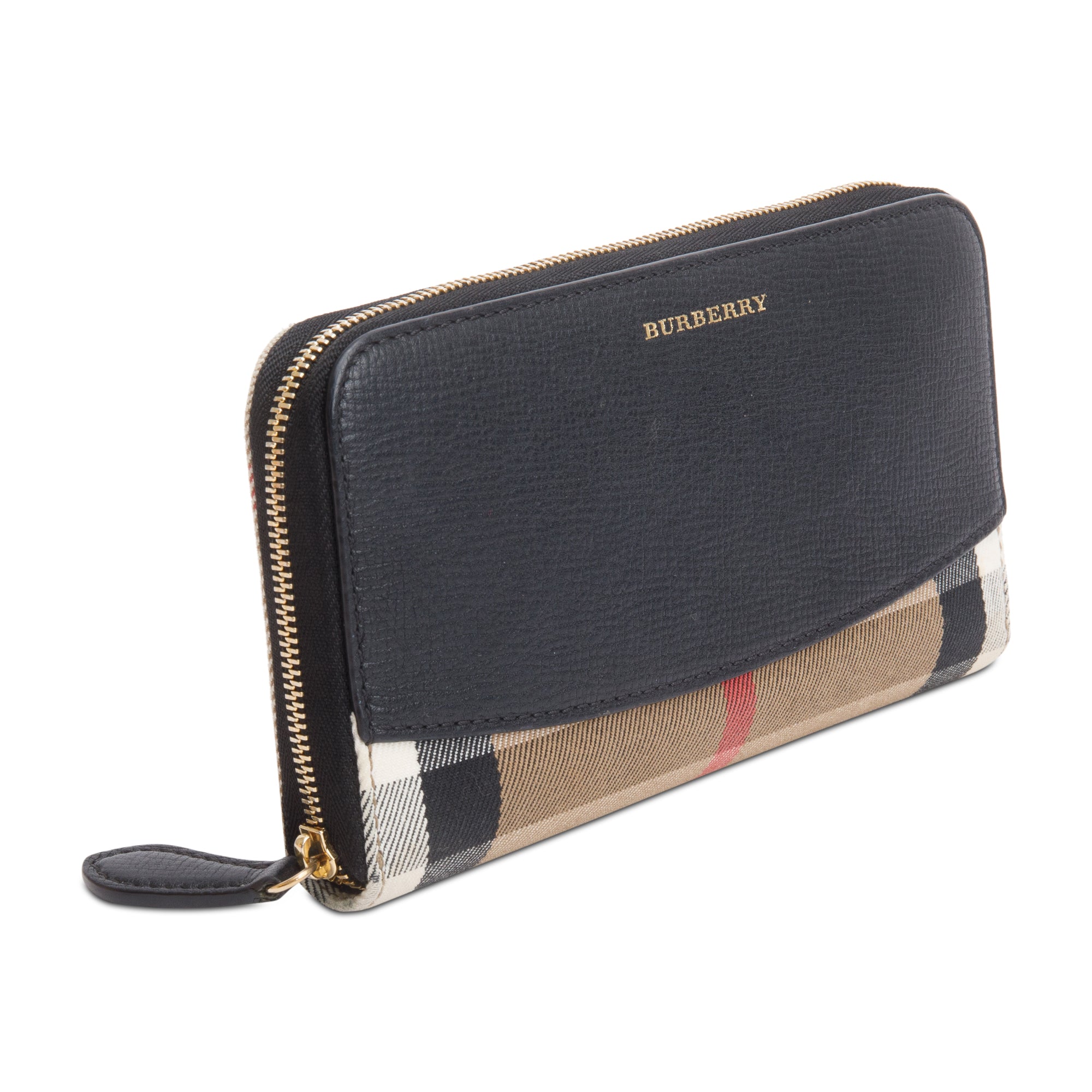 Burberry Check Canvas Black Leather Trim Derby Continental Zip Wallet