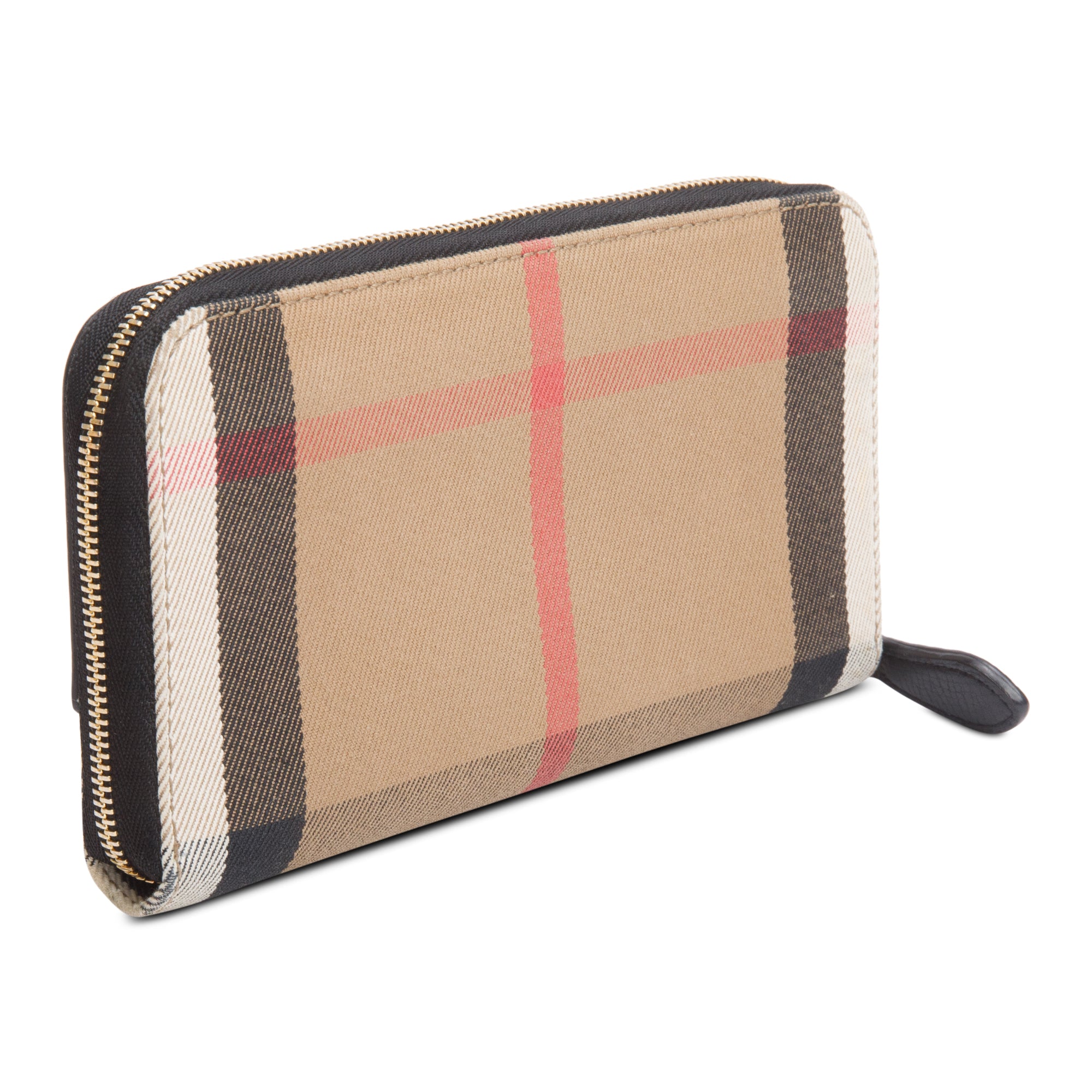 Burberry Check Canvas Black Leather Trim Derby Continental Zip Wallet
