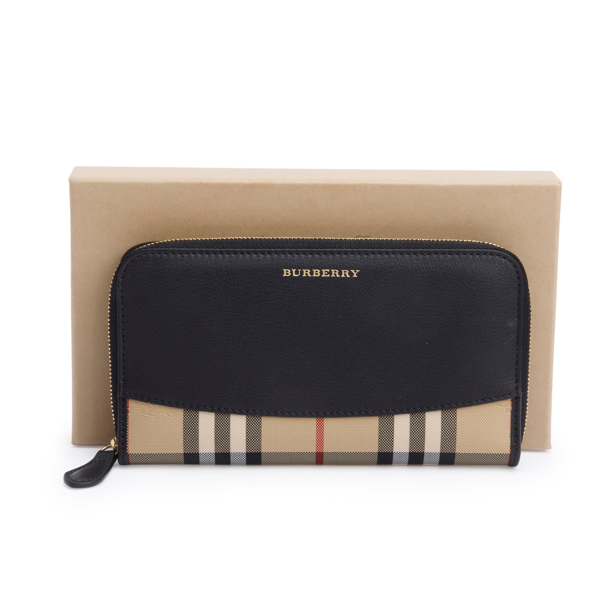 Burberry Check Canvas Black Leather Trim Derby Continental Zip Wallet w/ Box