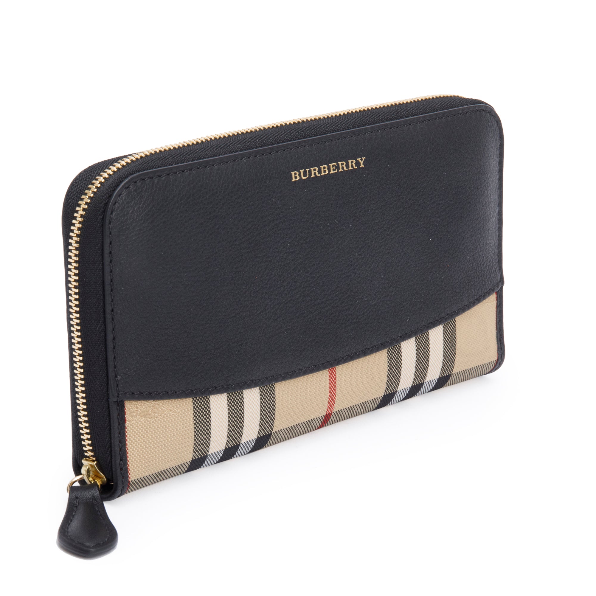 Burberry Check Canvas Black Leather Trim Derby Continental Zip Wallet w/ Box