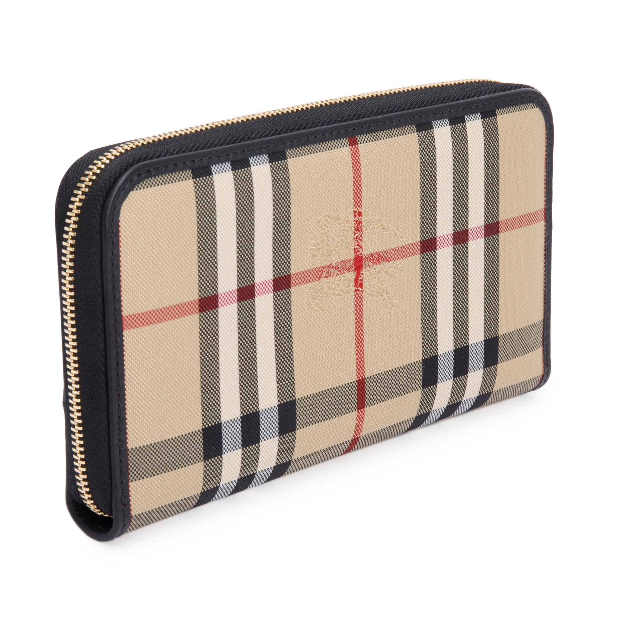 Burberry Check Canvas Black Leather Trim Derby Continental Zip Wallet w/ Box