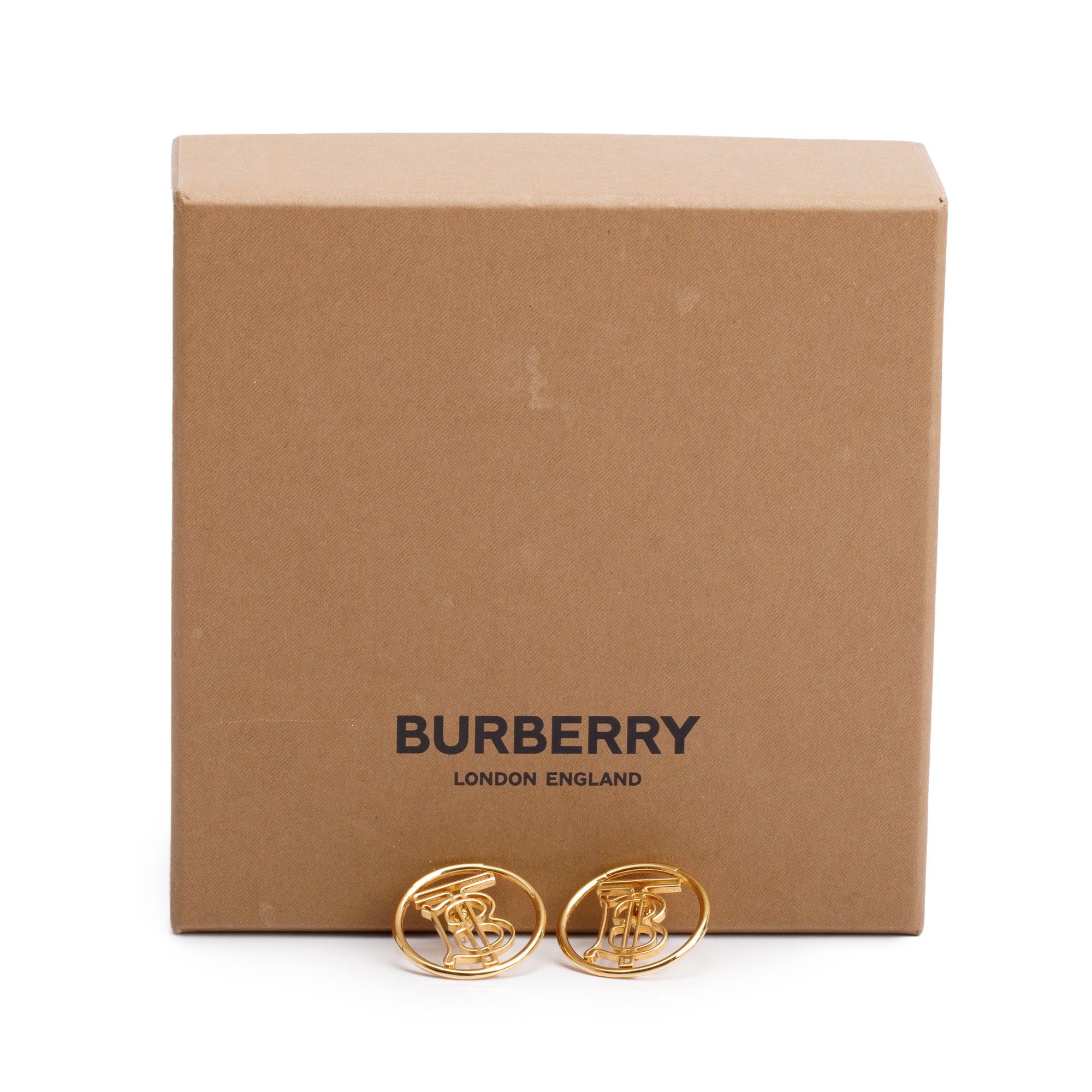 Burberry Gold-Plated TB Monogram Round Earrings w/ Box