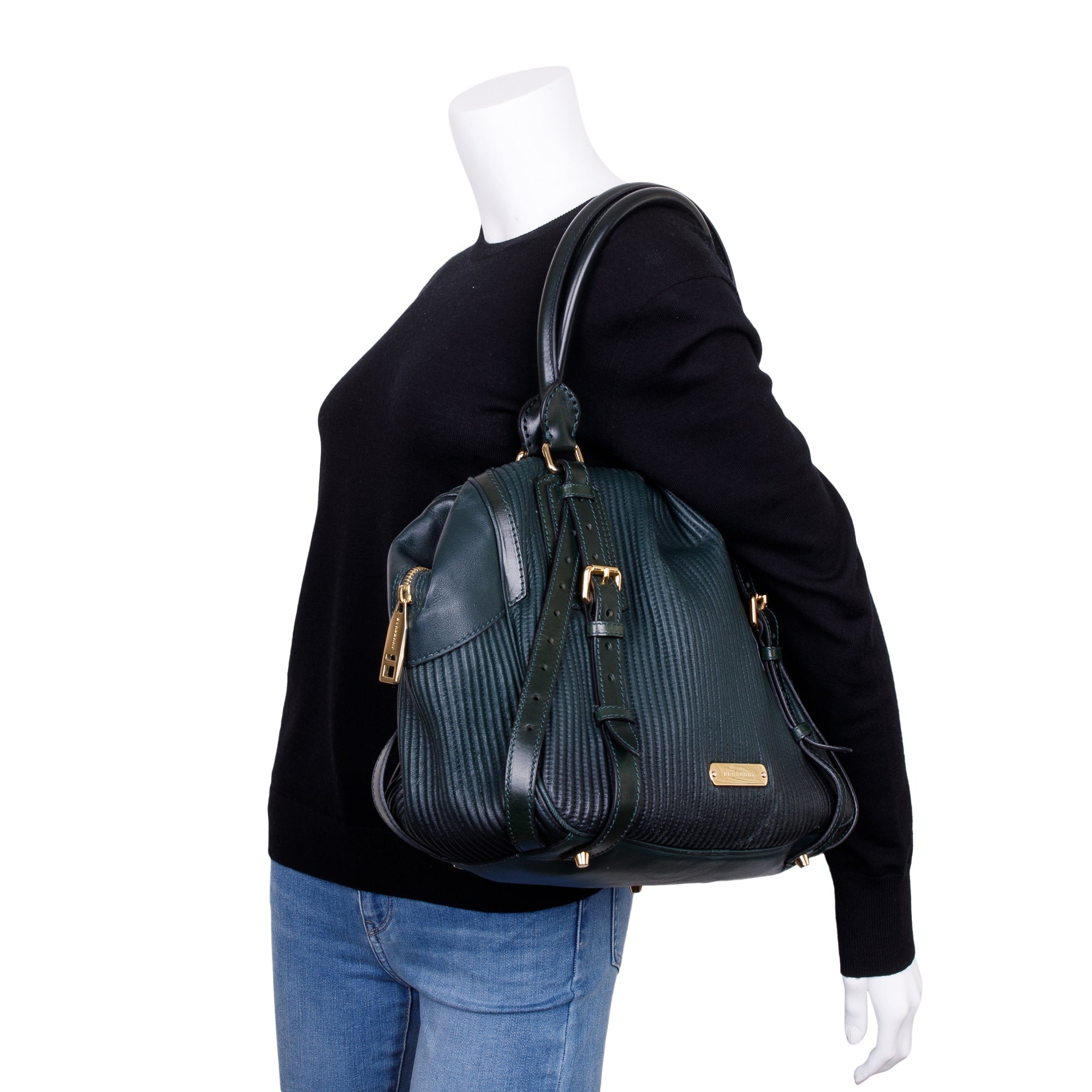 Burberry Green Pleated Stitched Leather Rosaville Bowling Bag