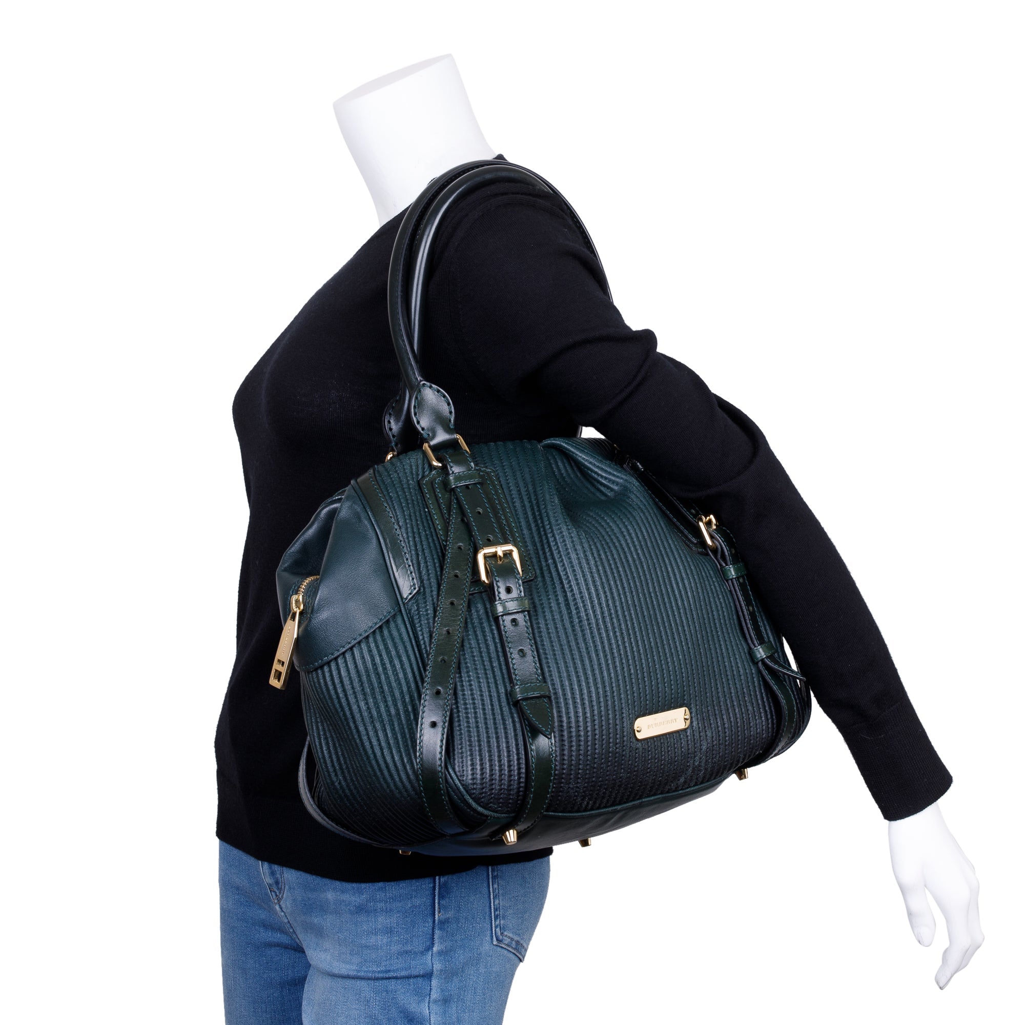 Burberry Green Pleated Stitched Leather Rosaville Bowling Bag