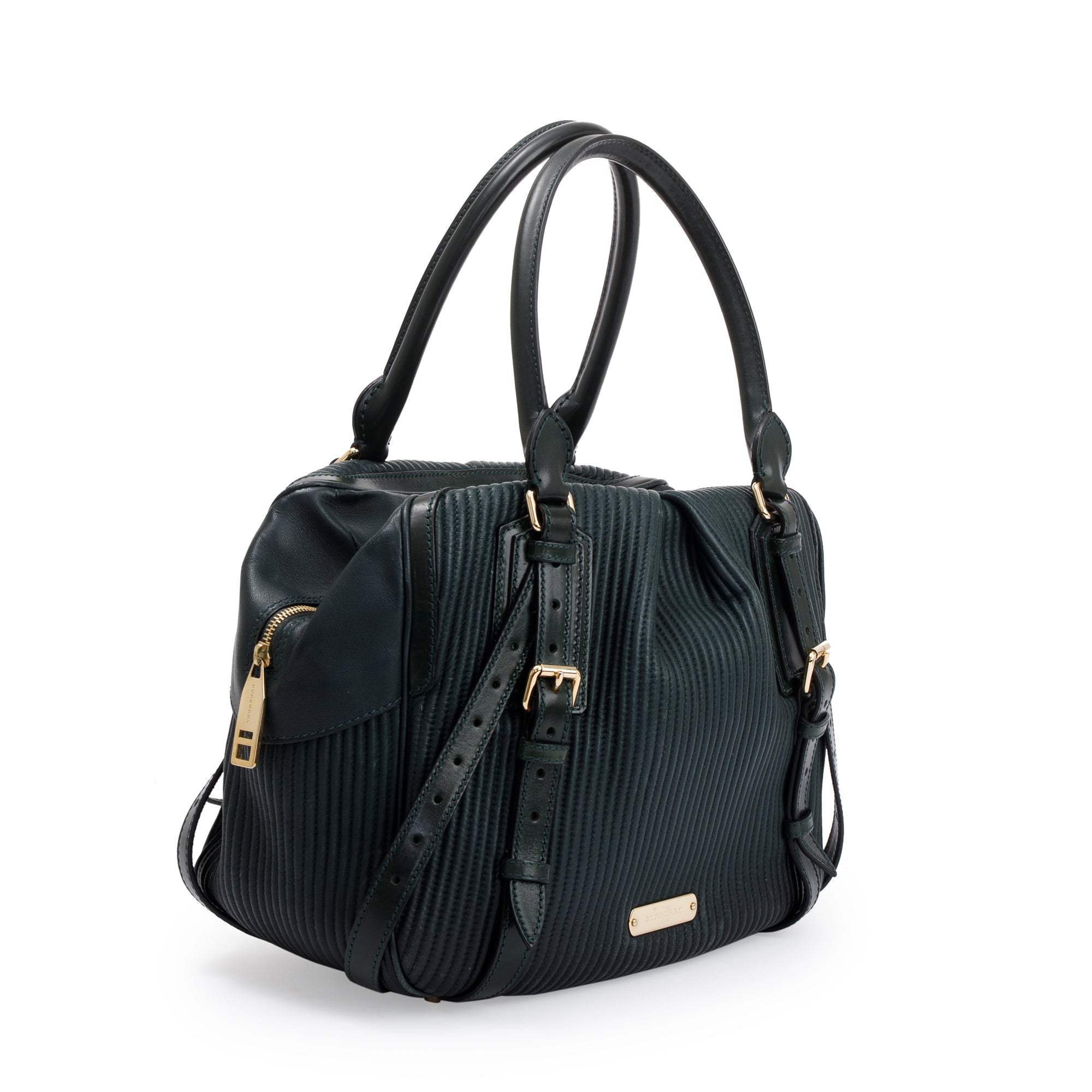 Burberry Green Pleated Stitched Leather Rosaville Bowling Bag