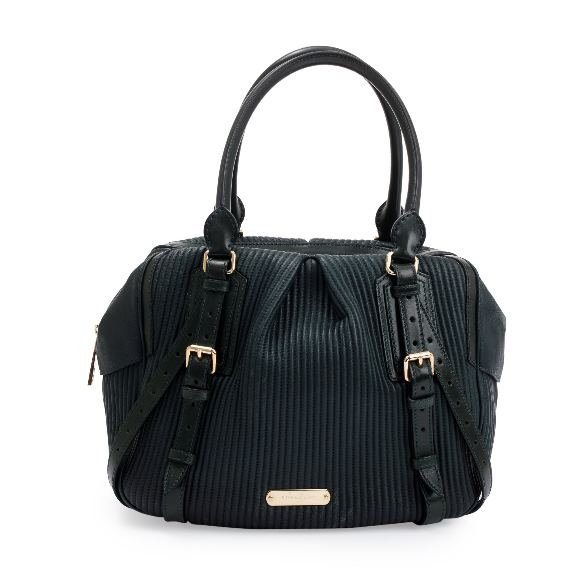 Burberry Green Pleated Stitched Leather Rosaville Bowling Bag
