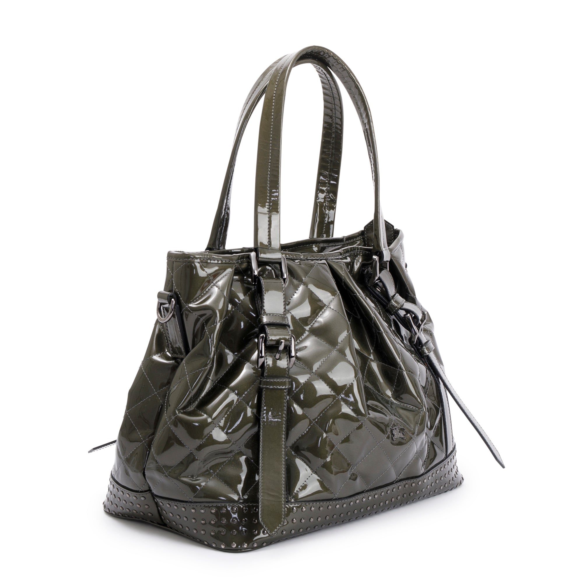 Burberry Green Quilted Patent Leather Studded Lowry Bag w/ Strap