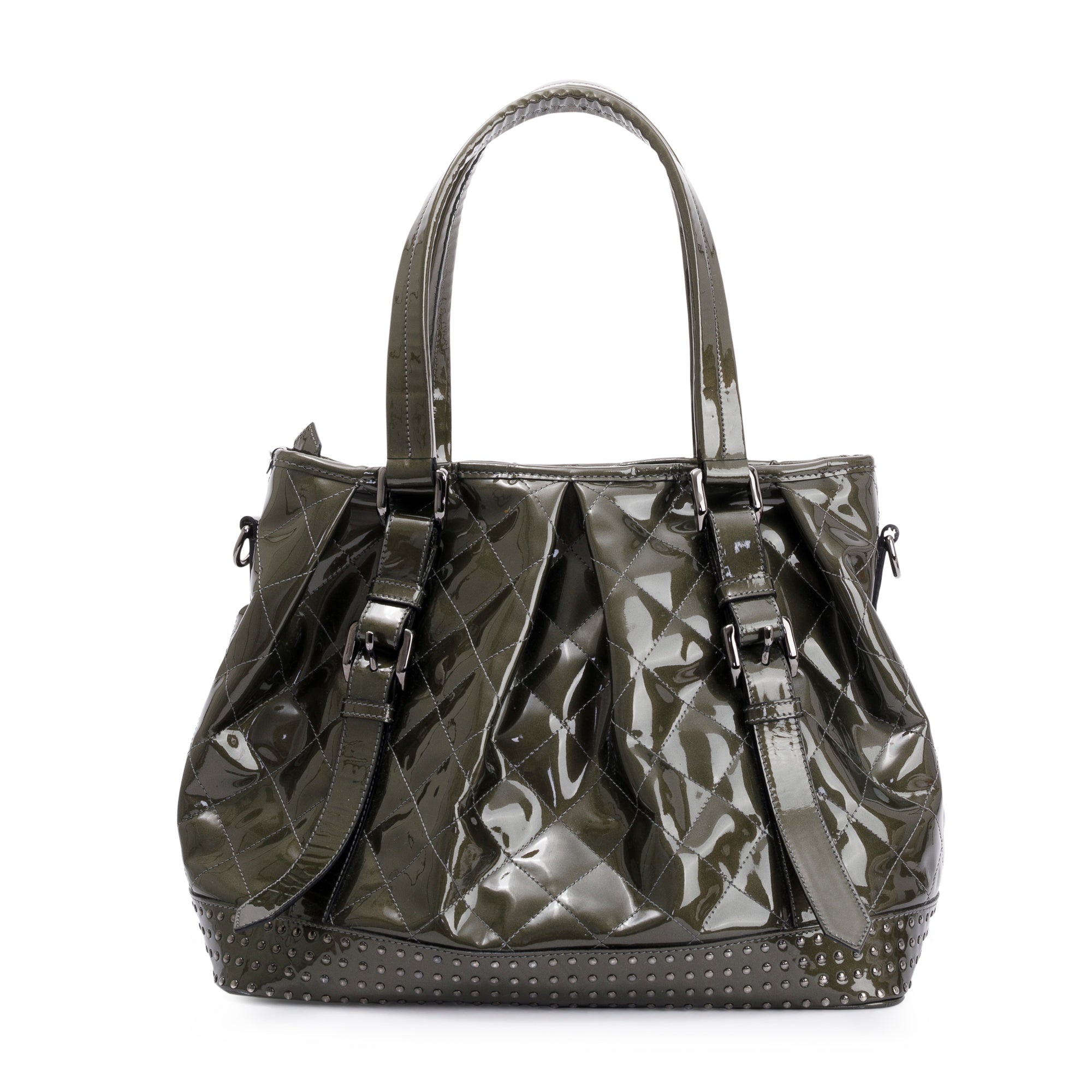 Burberry Green Quilted Patent Leather Studded Lowry Bag w/ Strap