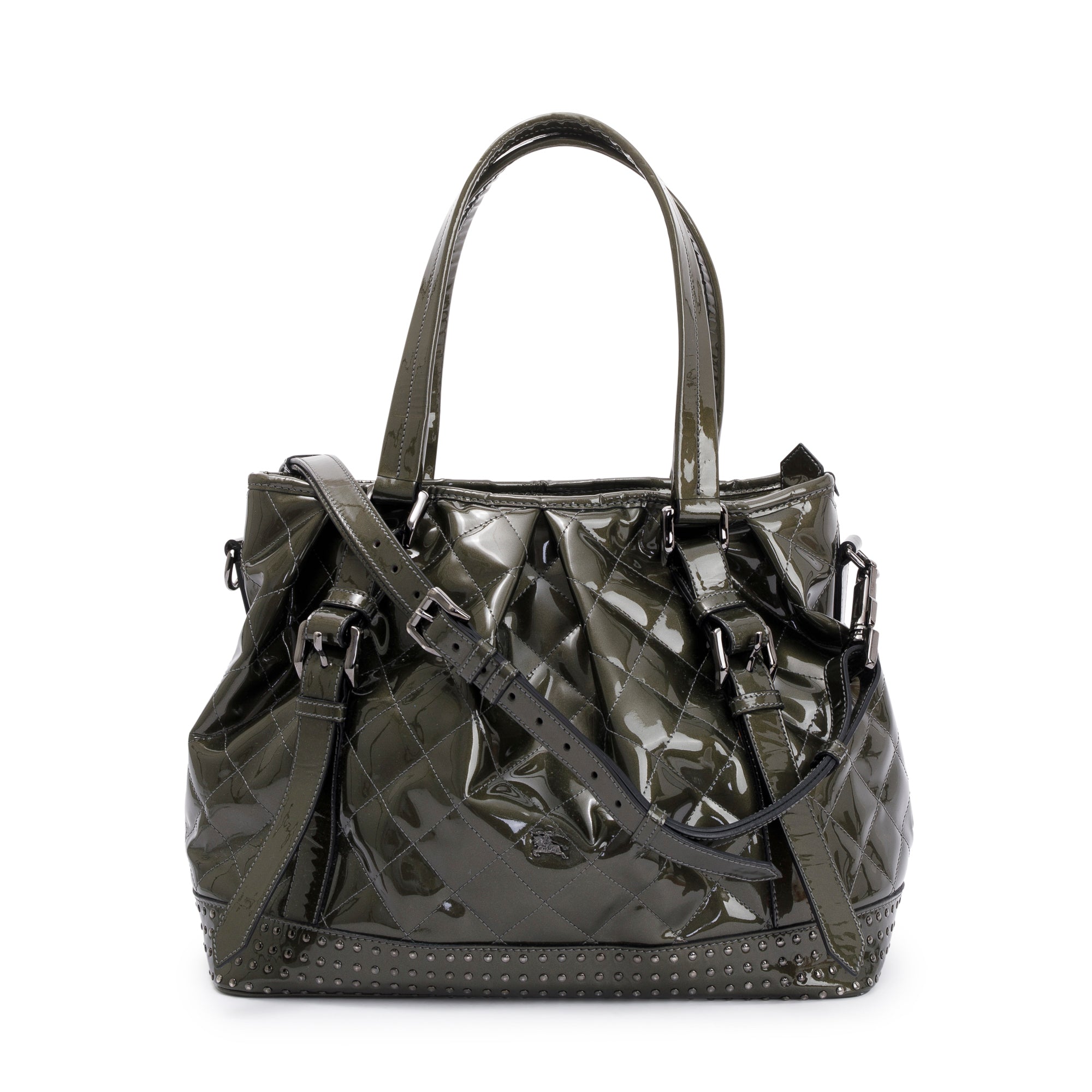 Burberry Green Quilted Patent Leather Studded Lowry Bag w/ Strap