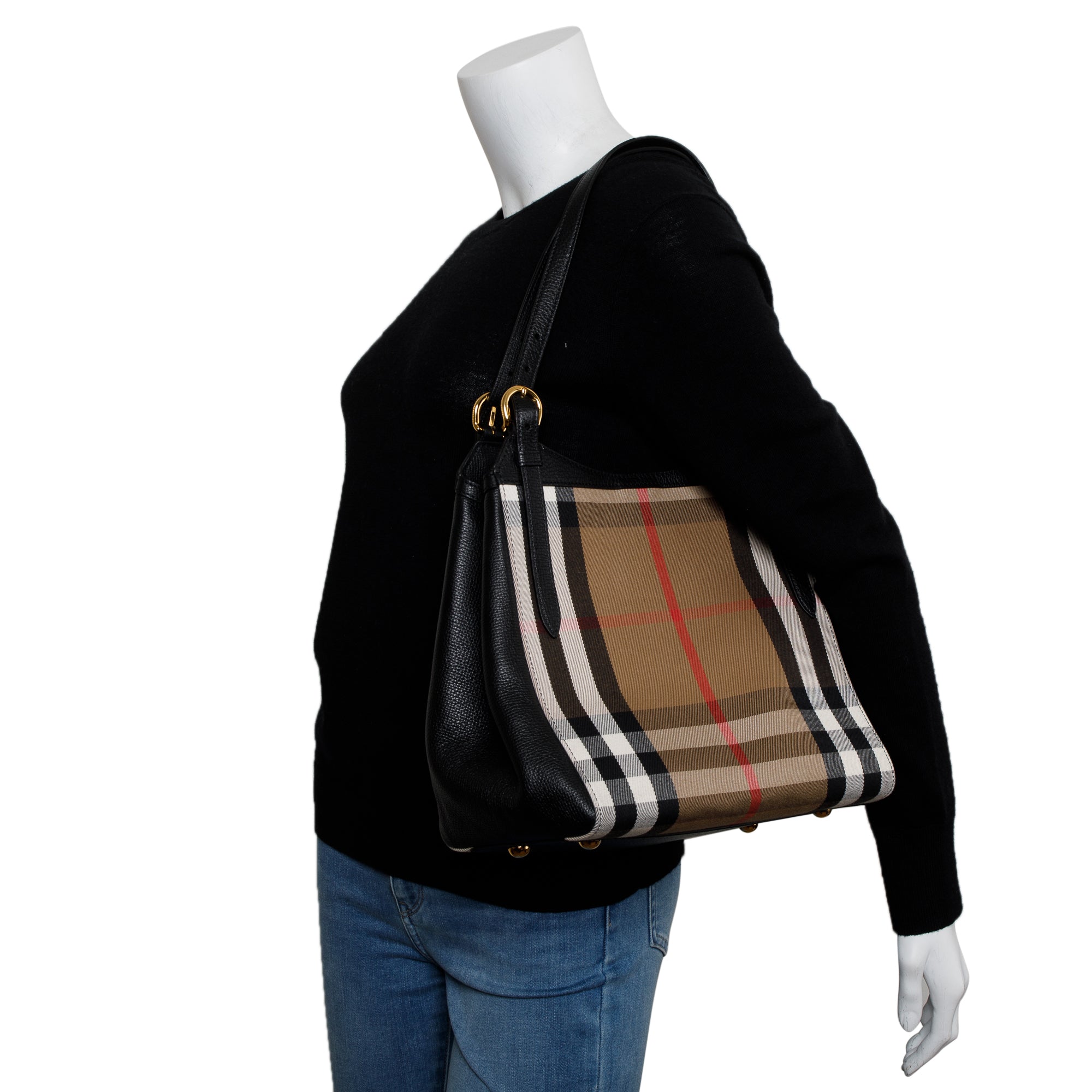 Burberry Haymarket Check Black Leather Canterbury Tote
