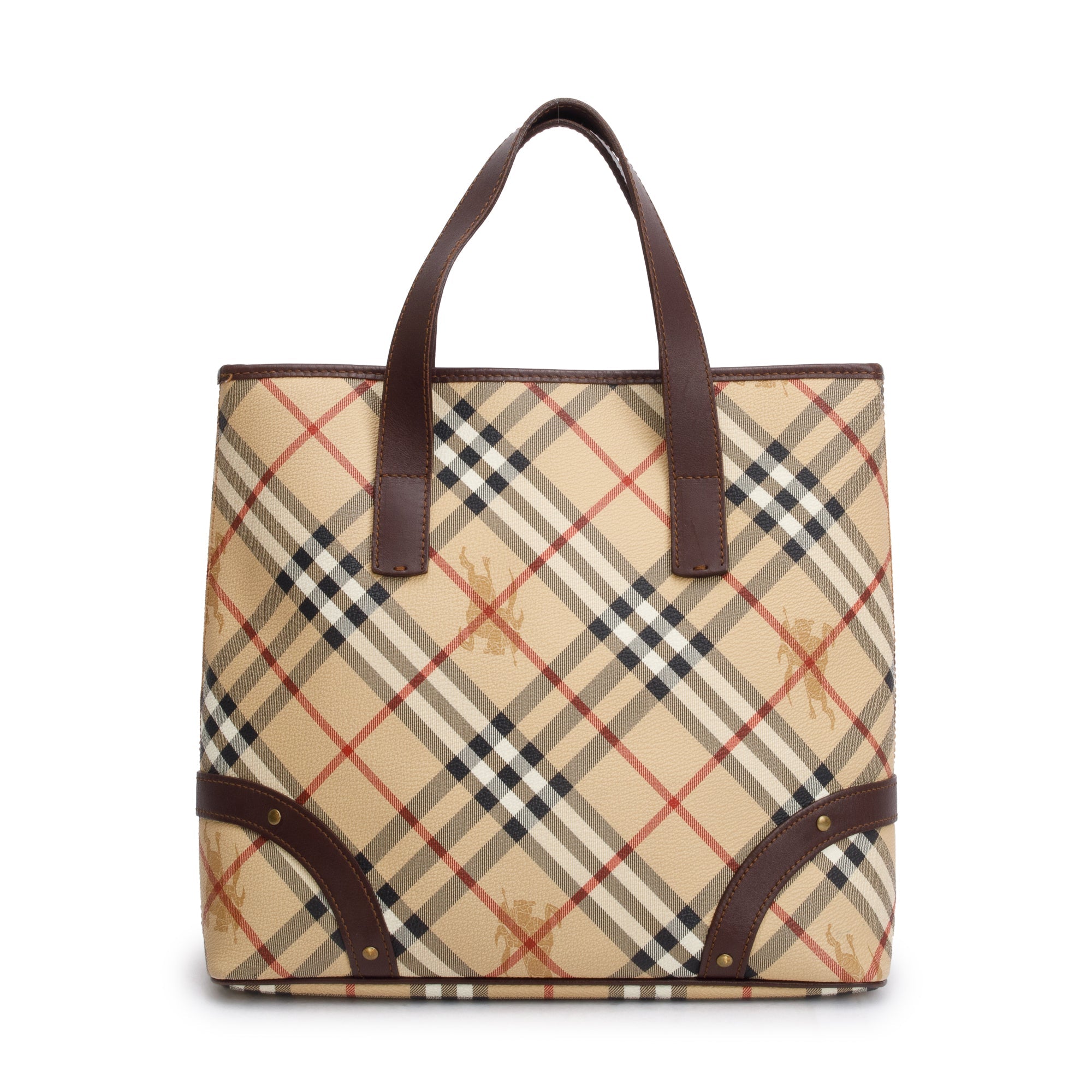 Burberry Haymarket Check Leather-Trimmed Studded Tote Bag