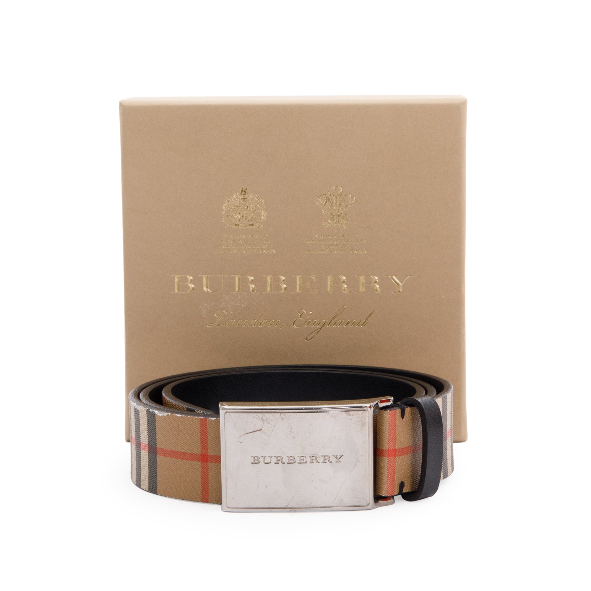 Burberry Haymarket Check and Leather Belt w/ Box