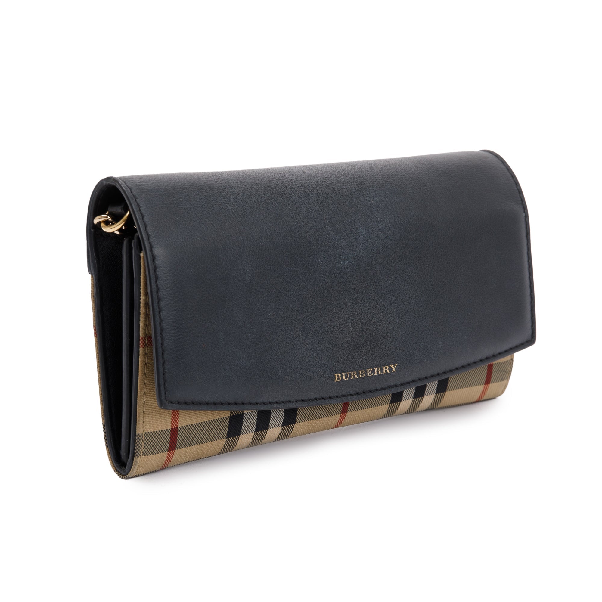 Burberry House Check Black Calfskin Leather Henley Wallet on Chain