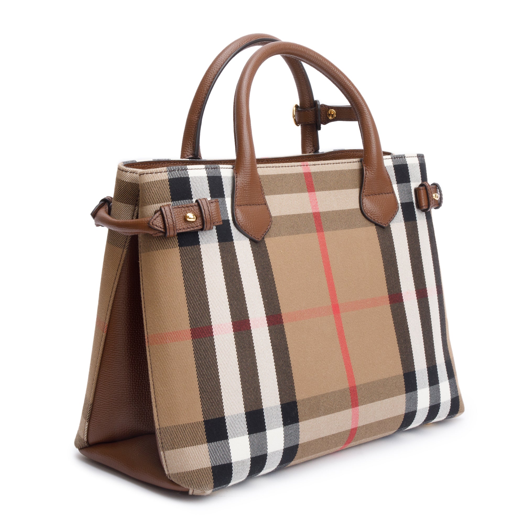 Burberry House Check Brown Leather Trim Medium Banner Tote w/ Strap