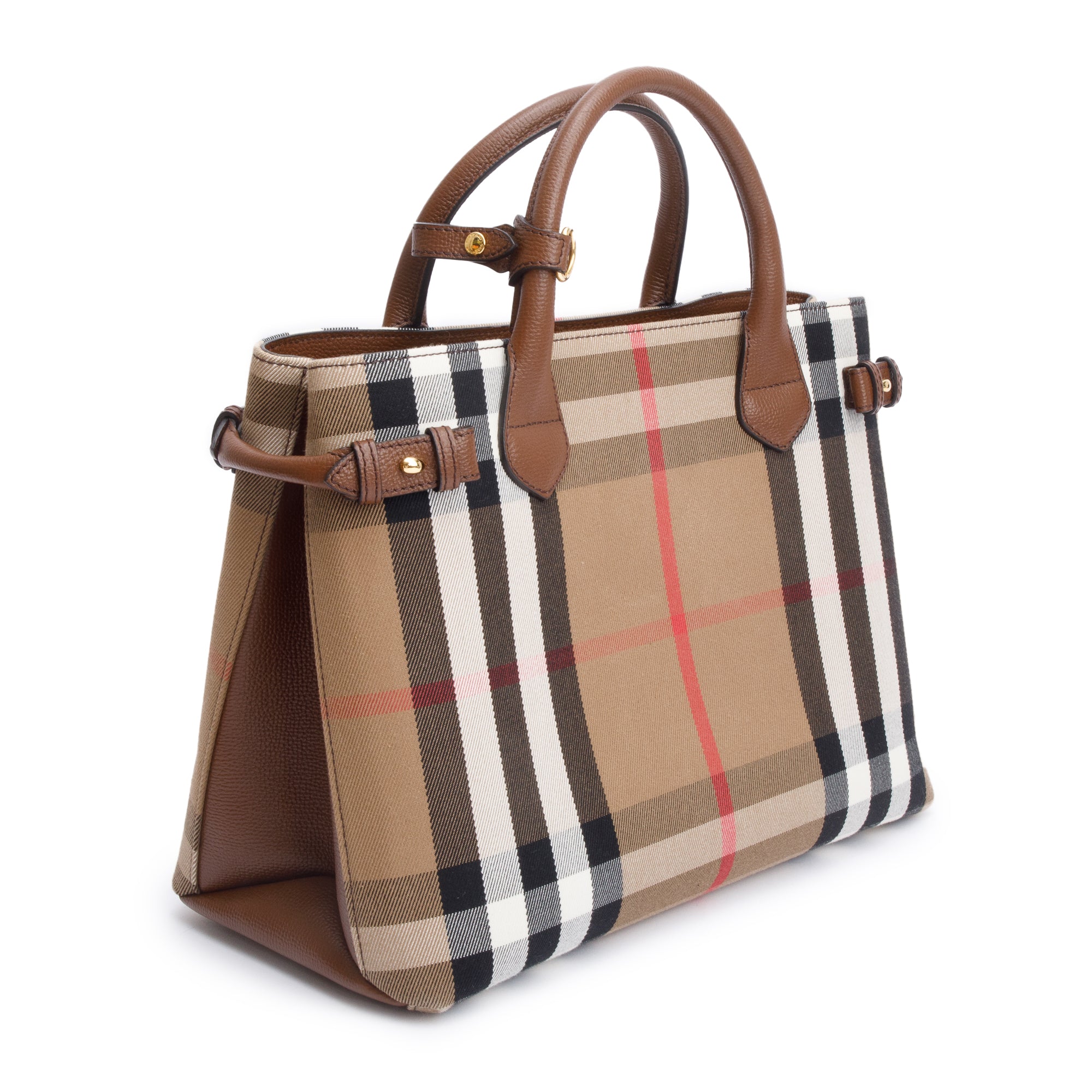 Burberry House Check Brown Leather Trim Medium Banner Tote w/ Strap