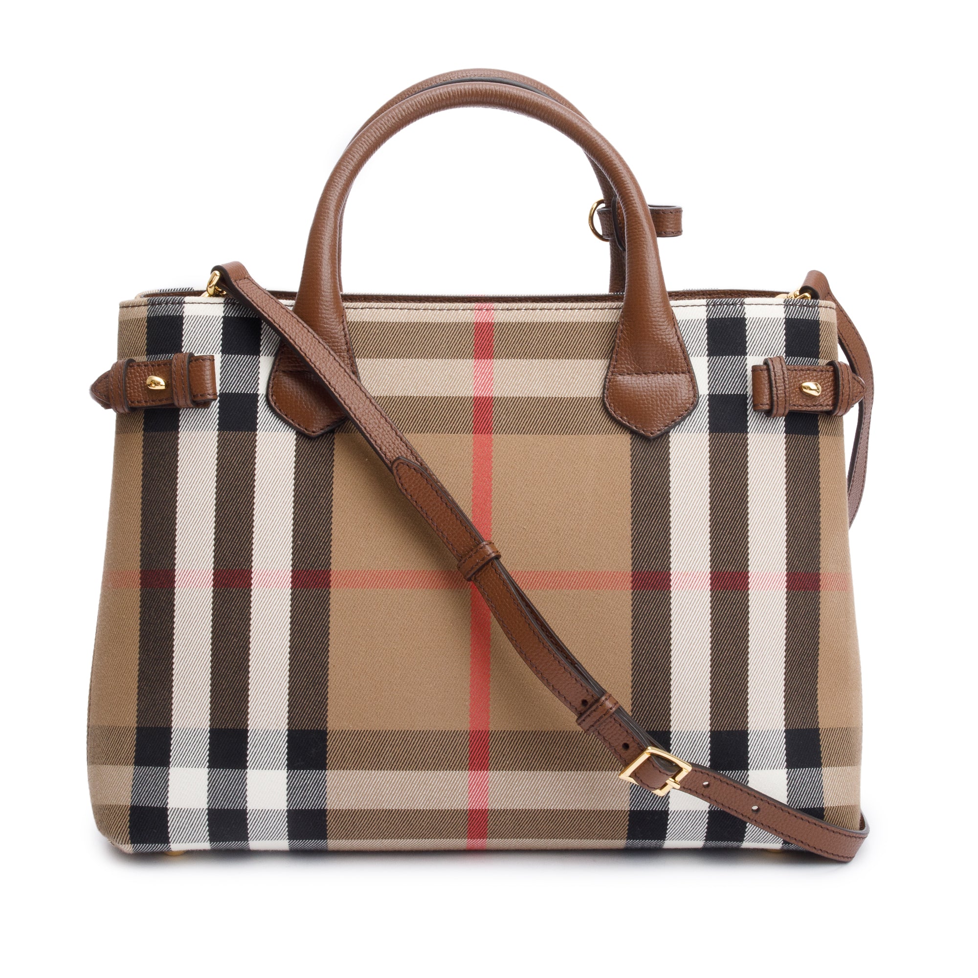 Burberry House Check Brown Leather Trim Medium Banner Tote w/ Strap