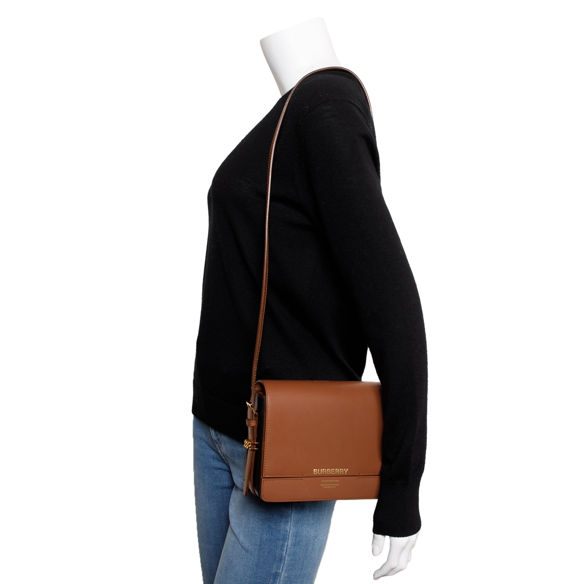 Burberry Malt Brown & Black Calfskin Leather Small Grace Bag w/ Box & Receipt