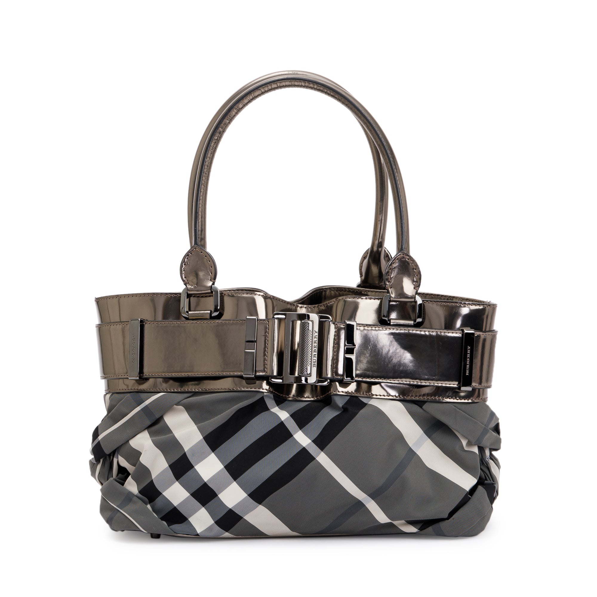 Burberry Metallic Grey Patent Leather Trim Beat Check Nylon Easton Landscape Bag