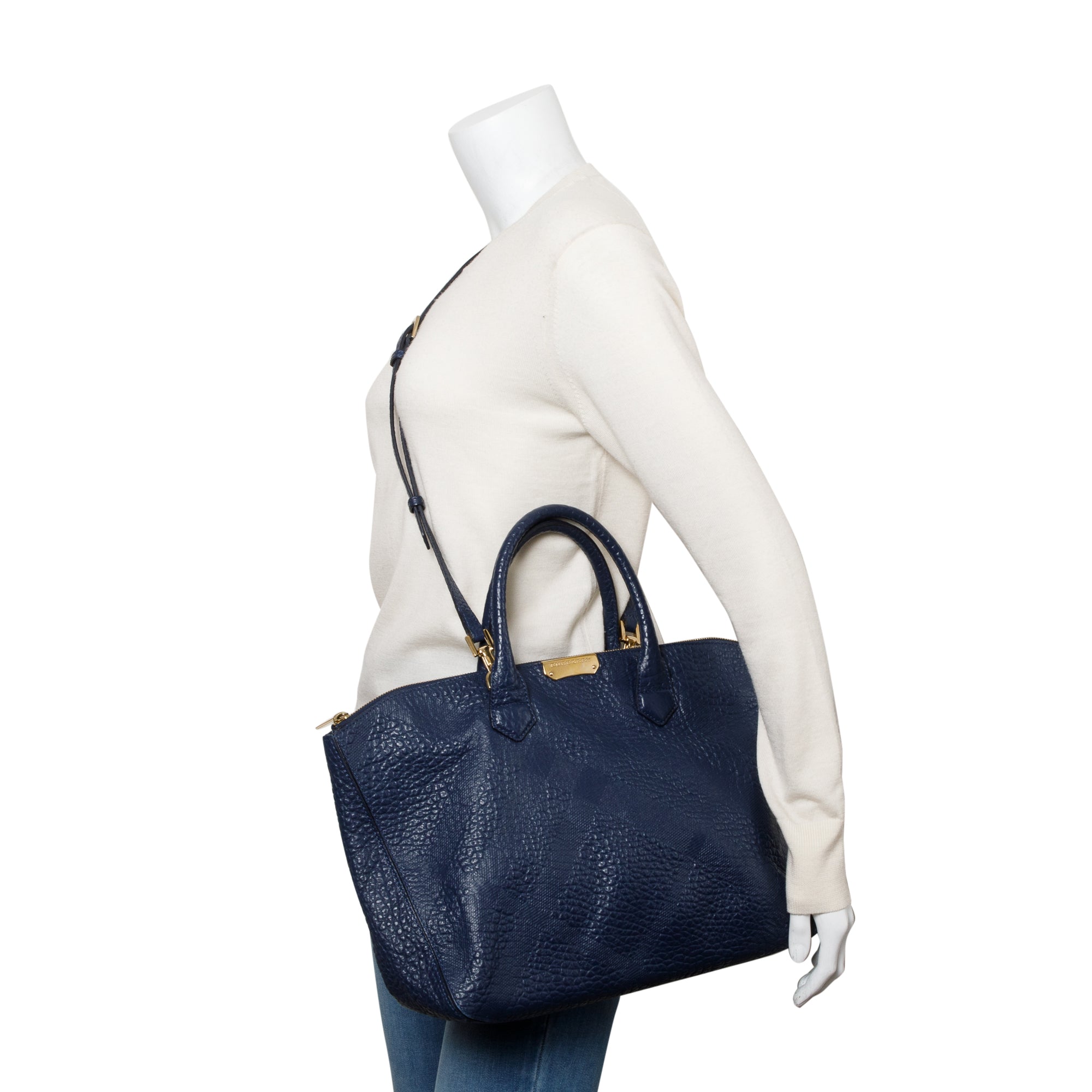 Burberry Navy Check Embossed Heritage Grain Leather Dewsbury Tote w/ Strap