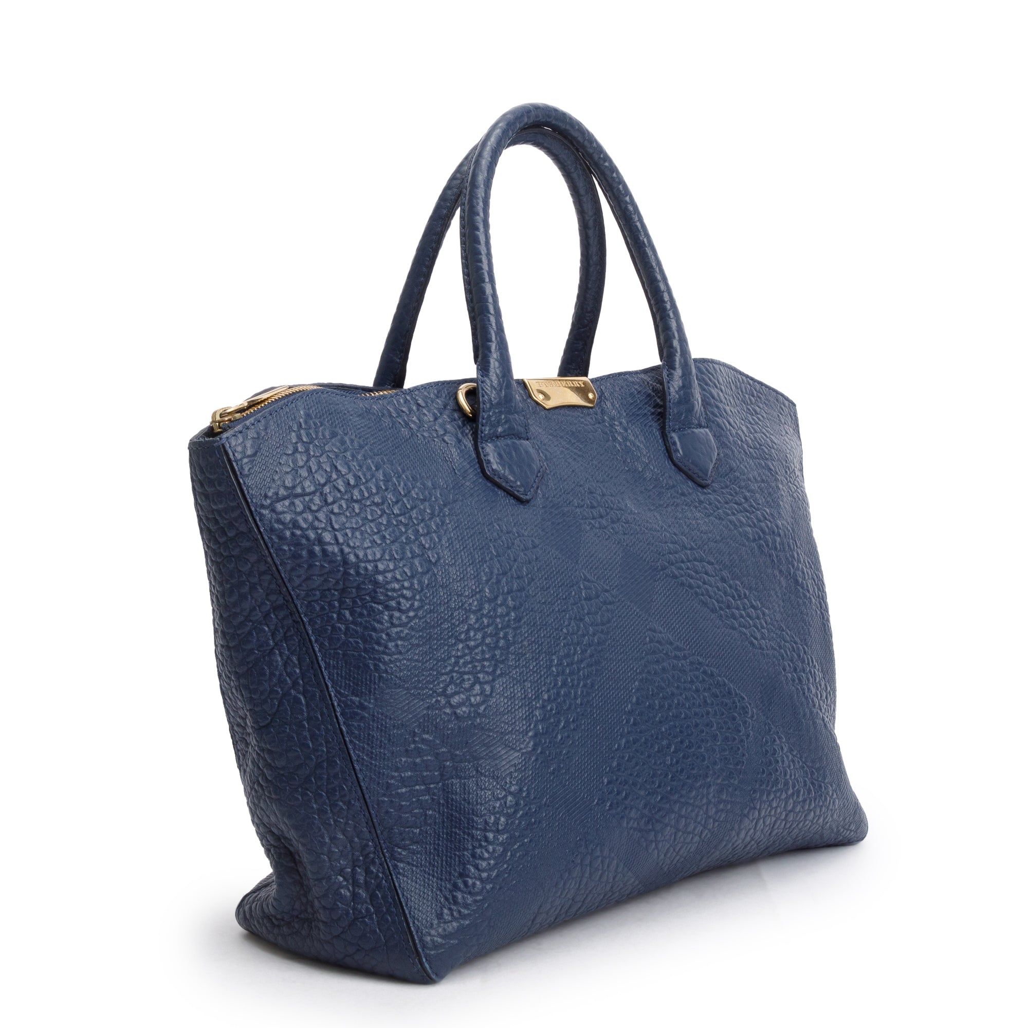 Burberry Navy Check Embossed Heritage Grain Leather Dewsbury Tote w/ Strap