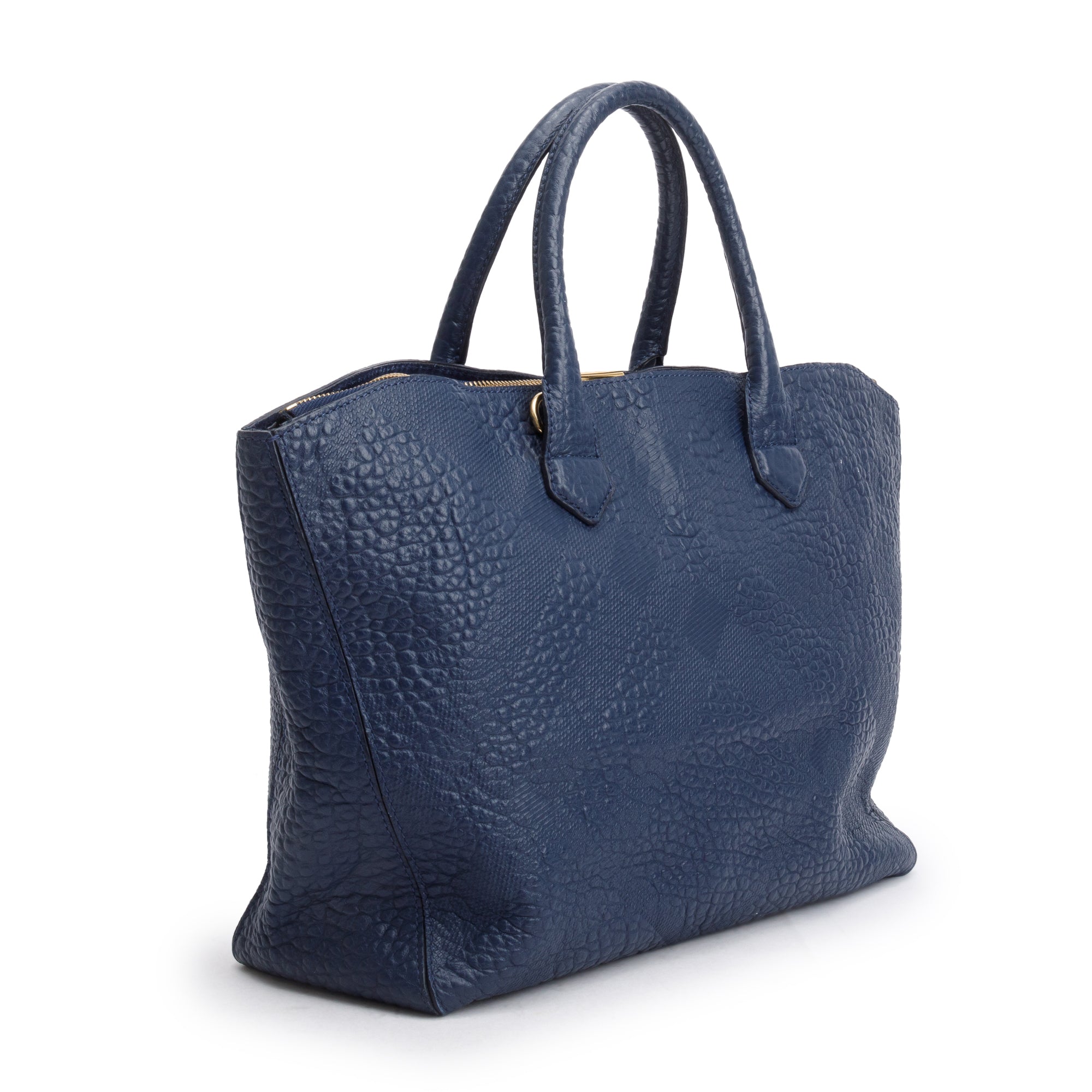 Burberry Navy Check Embossed Heritage Grain Leather Dewsbury Tote w/ Strap
