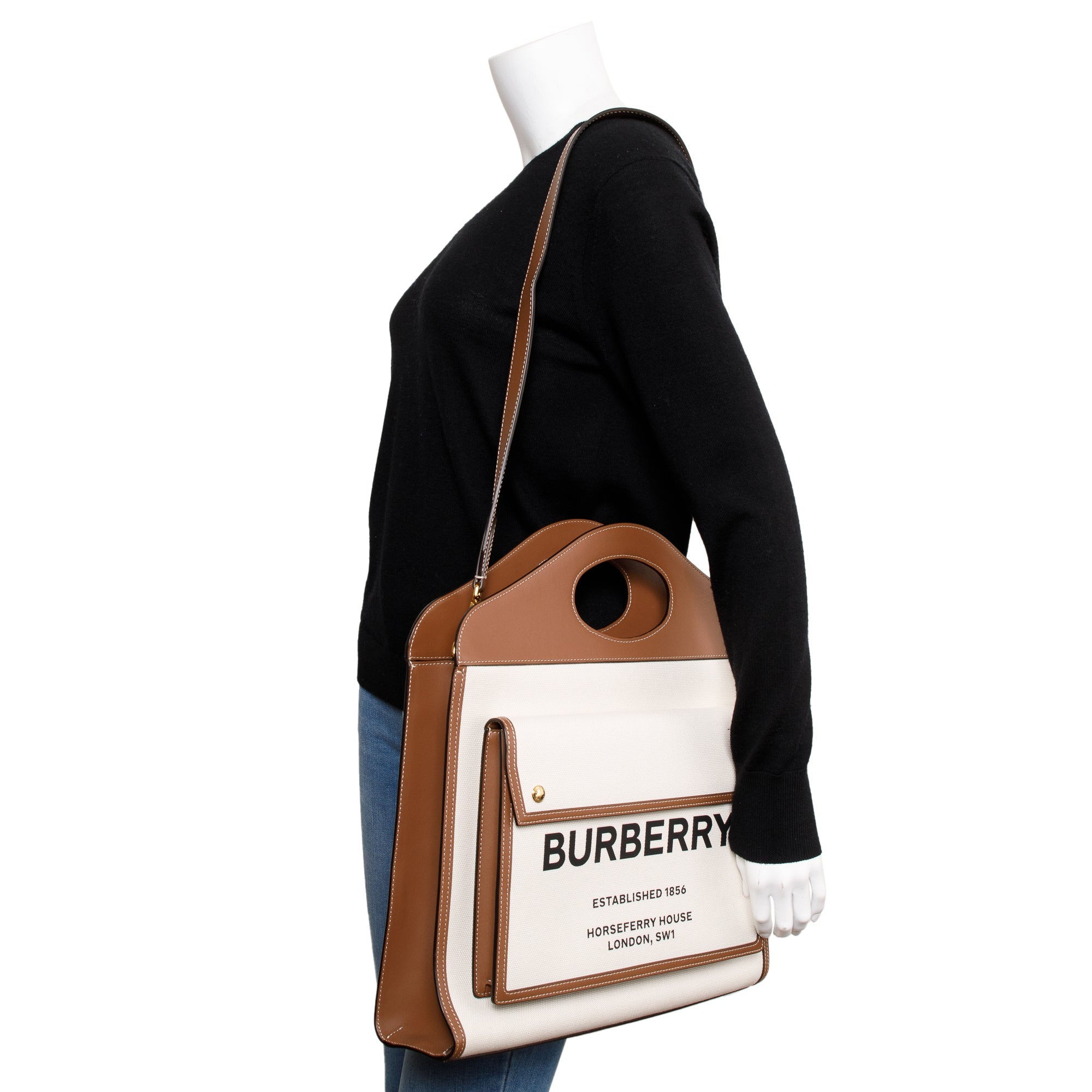 Burberry Neutral Canvas and Brown Leather Medium Pocket Bag w/ Strap