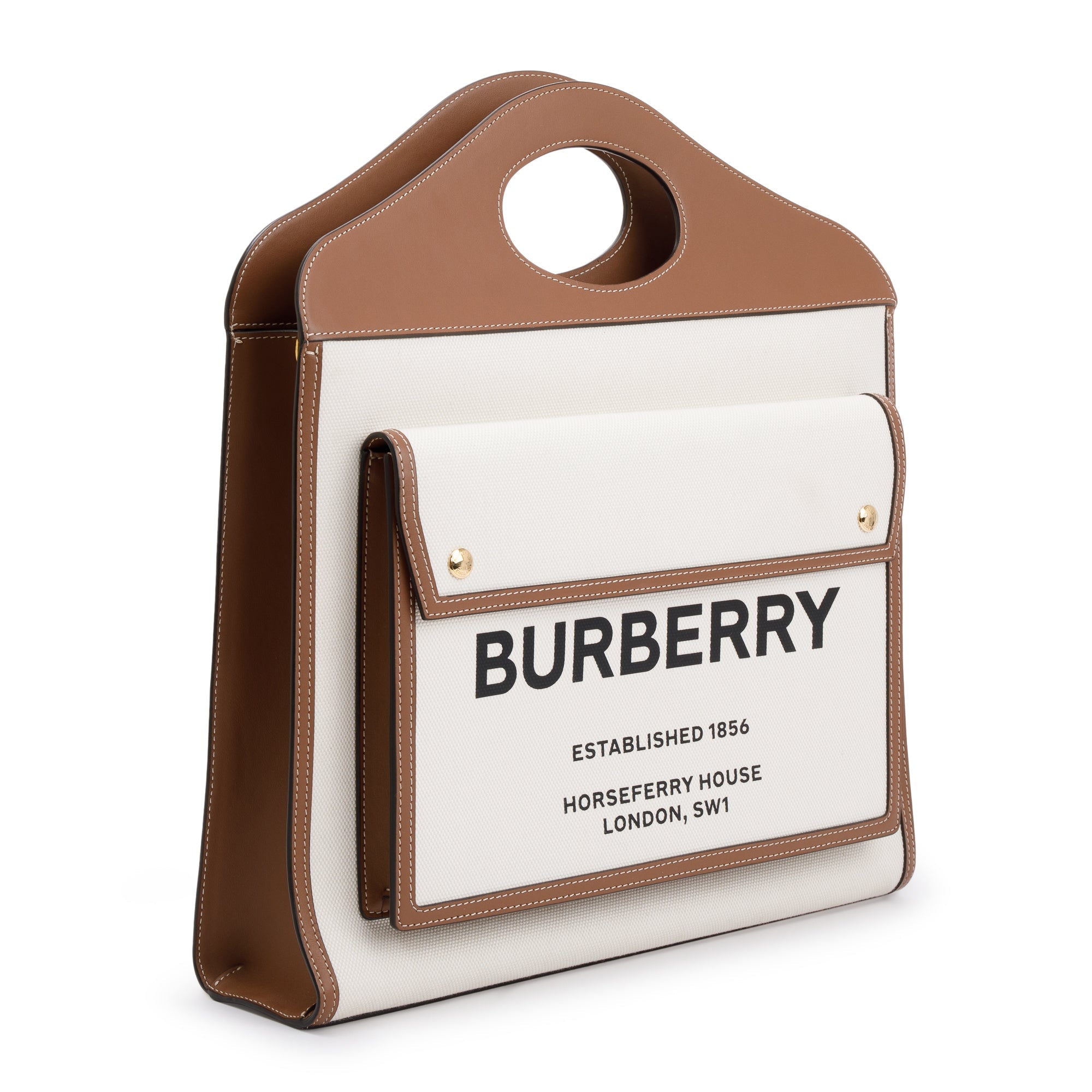 Burberry Neutral Canvas and Brown Leather Medium Pocket Bag w/ Strap