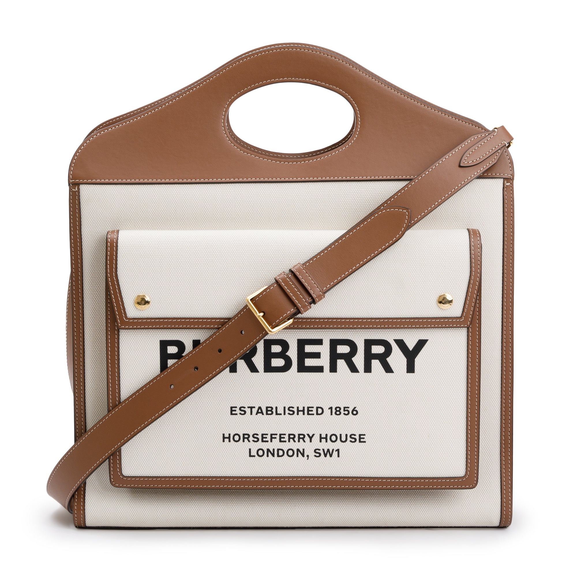 Burberry Neutral Canvas and Brown Leather Medium Pocket Bag w/ Strap