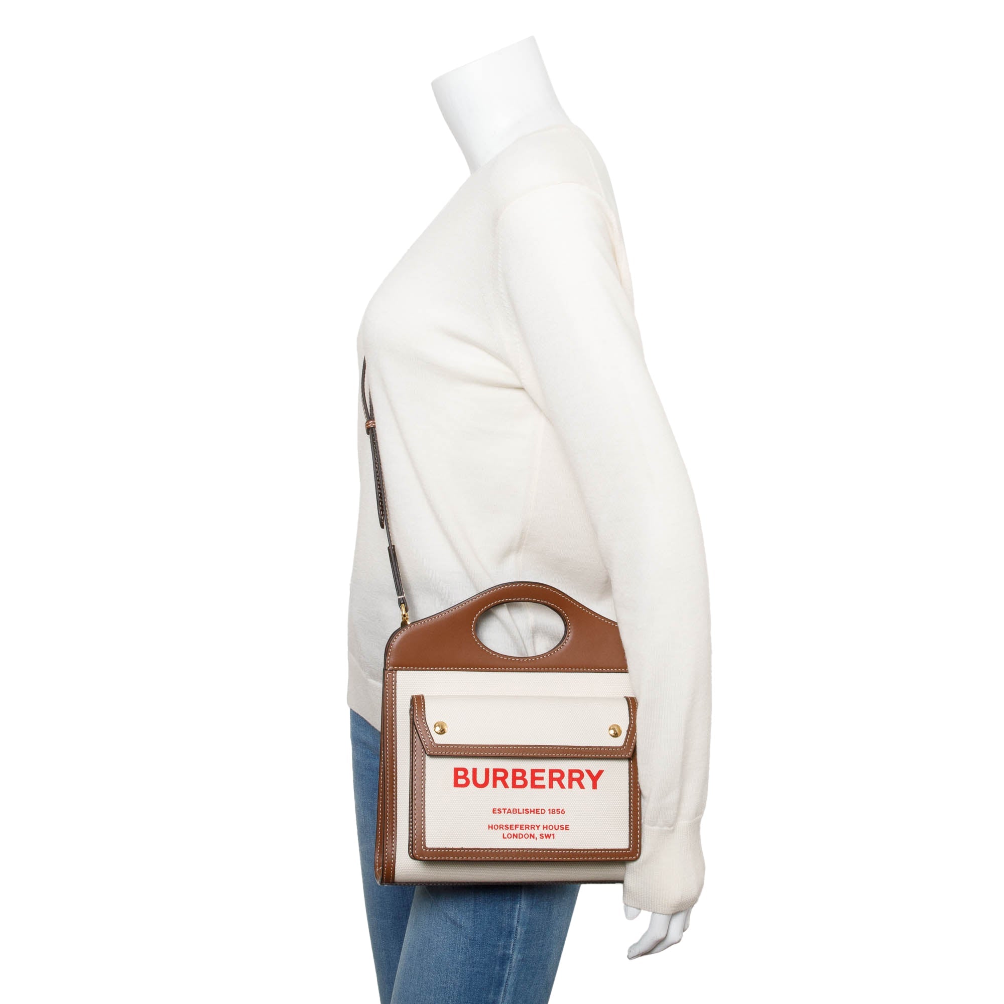 Burberry Neutral Canvas and Brown Leather Mini Pocket Bag w/ Strap & Box