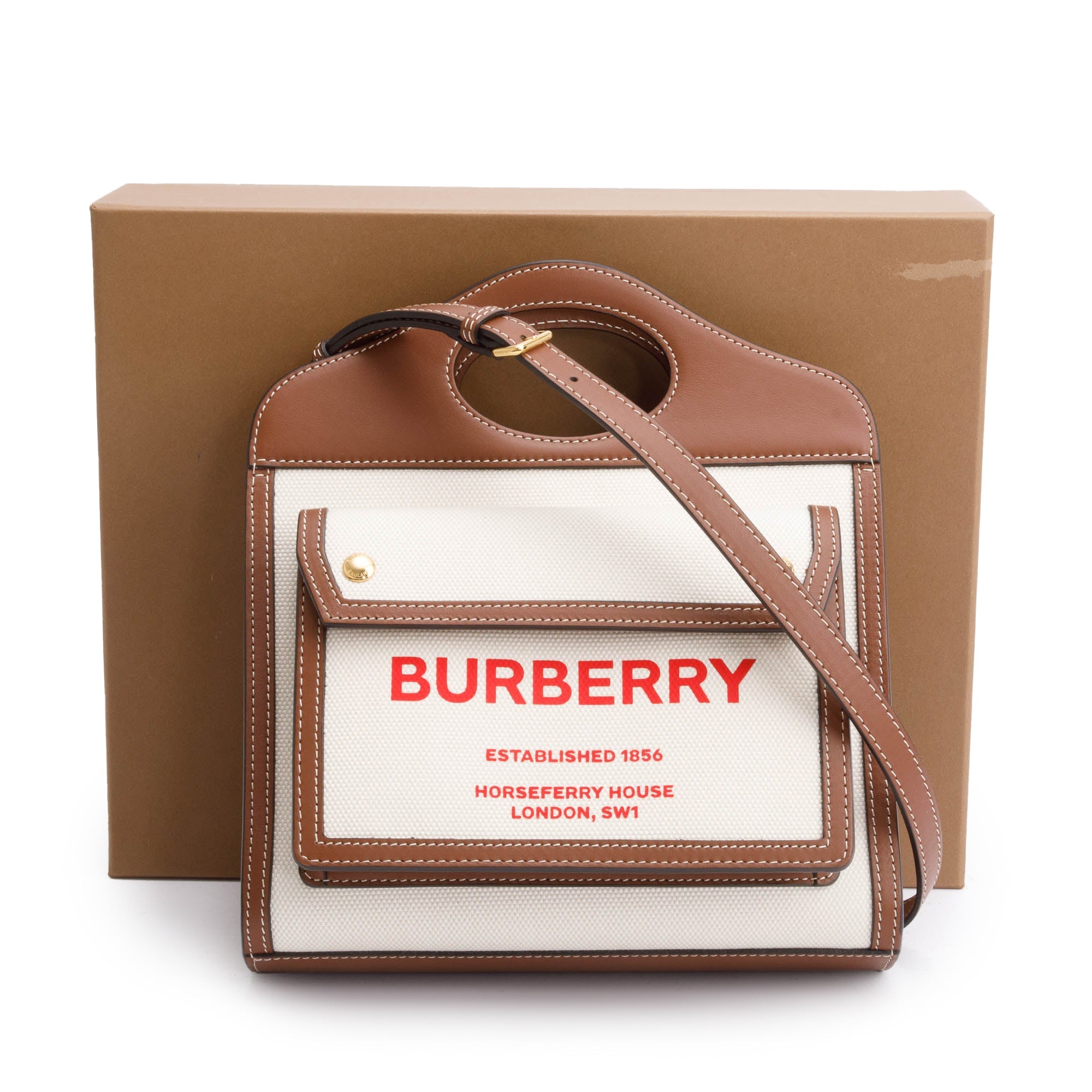 Burberry Neutral Canvas and Brown Leather Mini Pocket Bag w/ Strap & Box