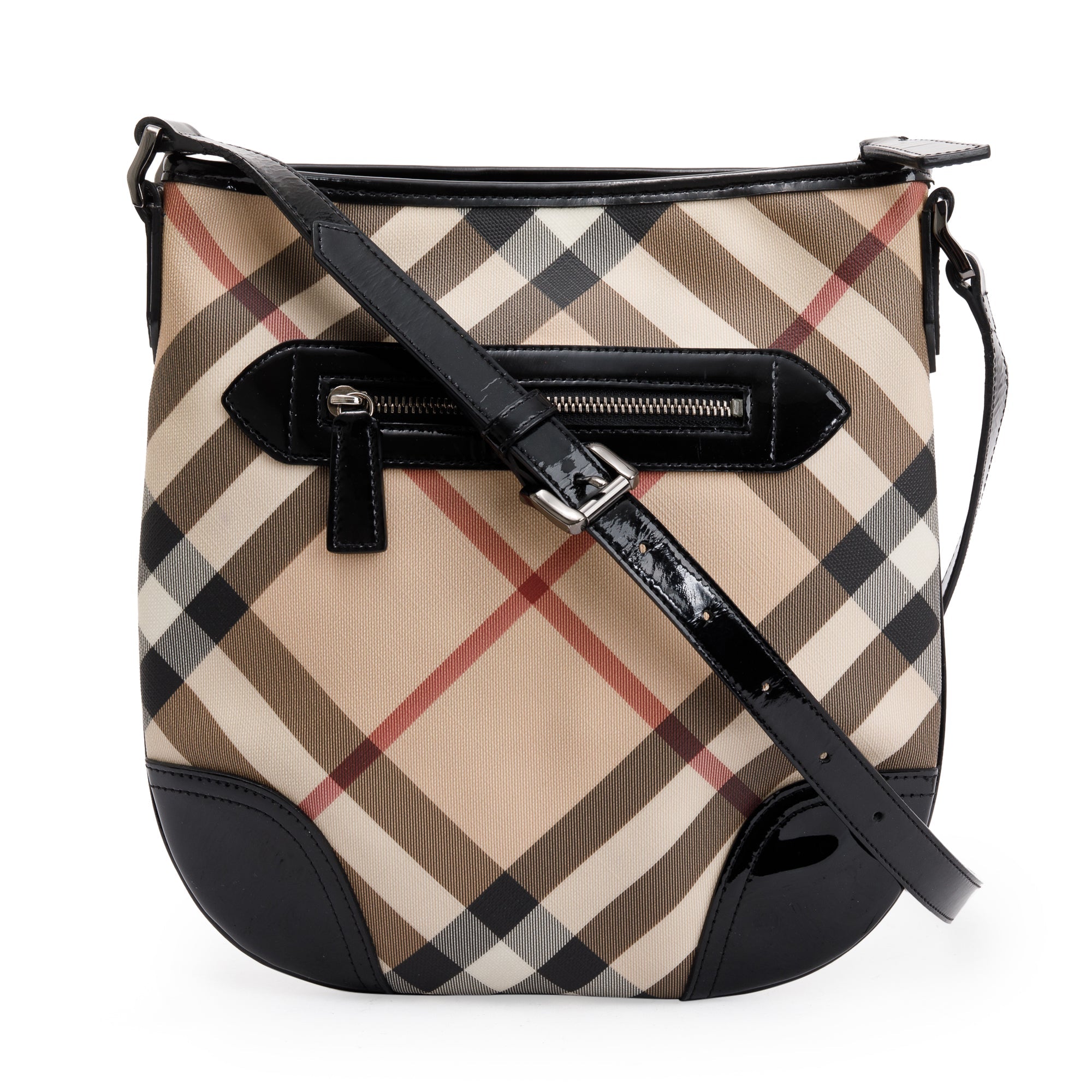 Burberry Nova Check Black Patent Leather Trimmed Dryden Crossbody Bag