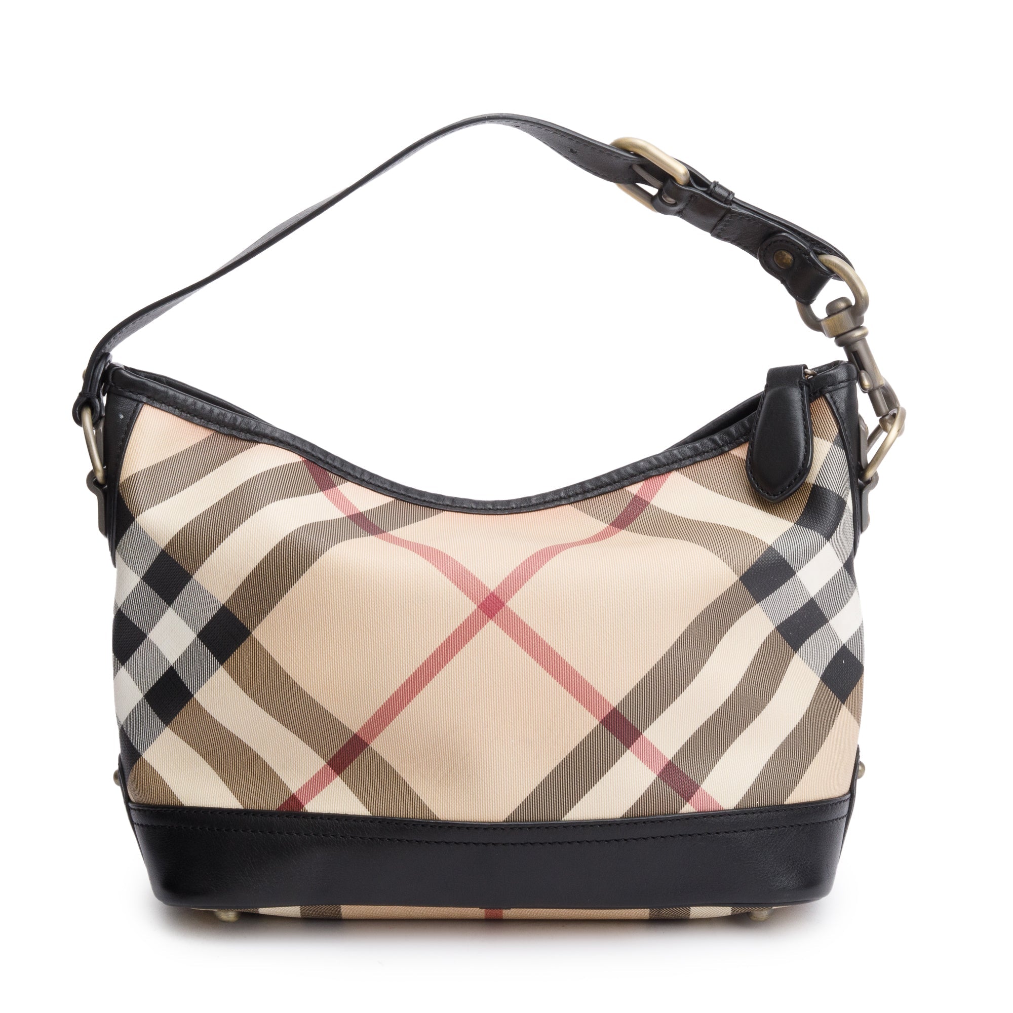 Burberry Nova Check Canvas Black Leather Trim Hobo Bag