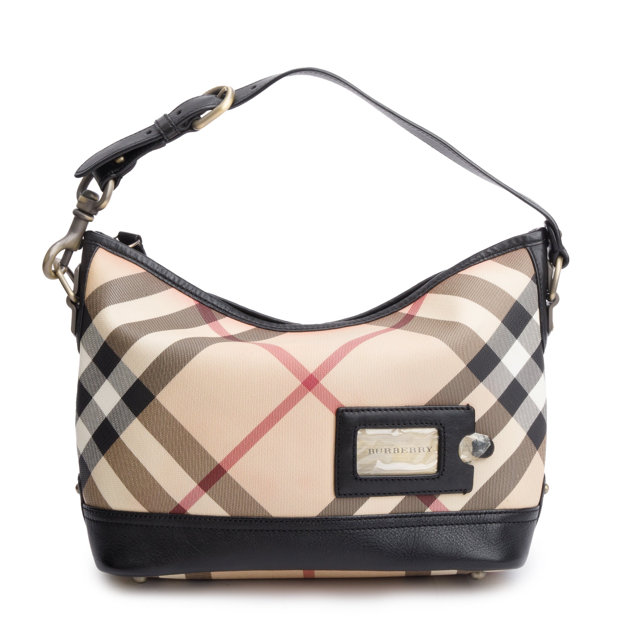 Burberry Nova Check Canvas Black Leather Trim Hobo Bag