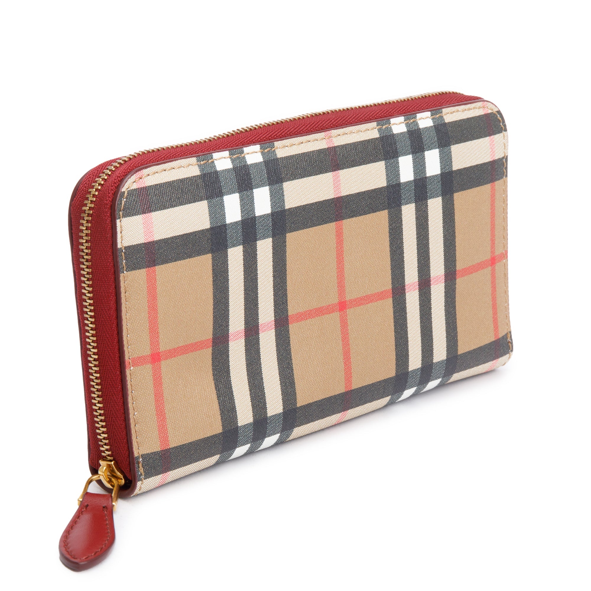 Burberry Nova Check Red Leather Trim Continental Zip Wallet