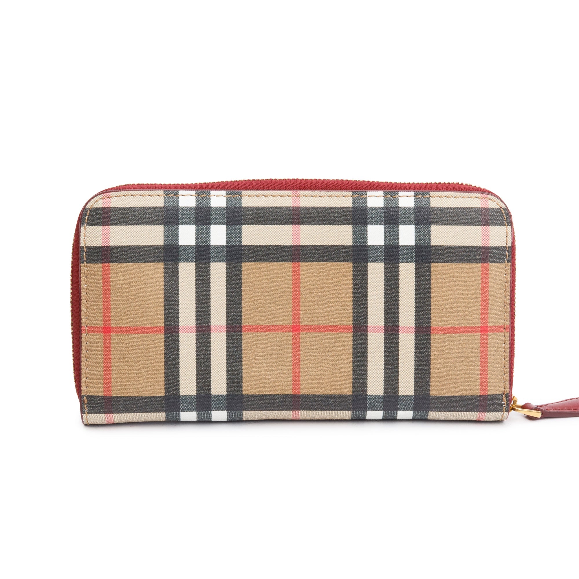 Burberry Nova Check Red Leather Trim Continental Zip Wallet