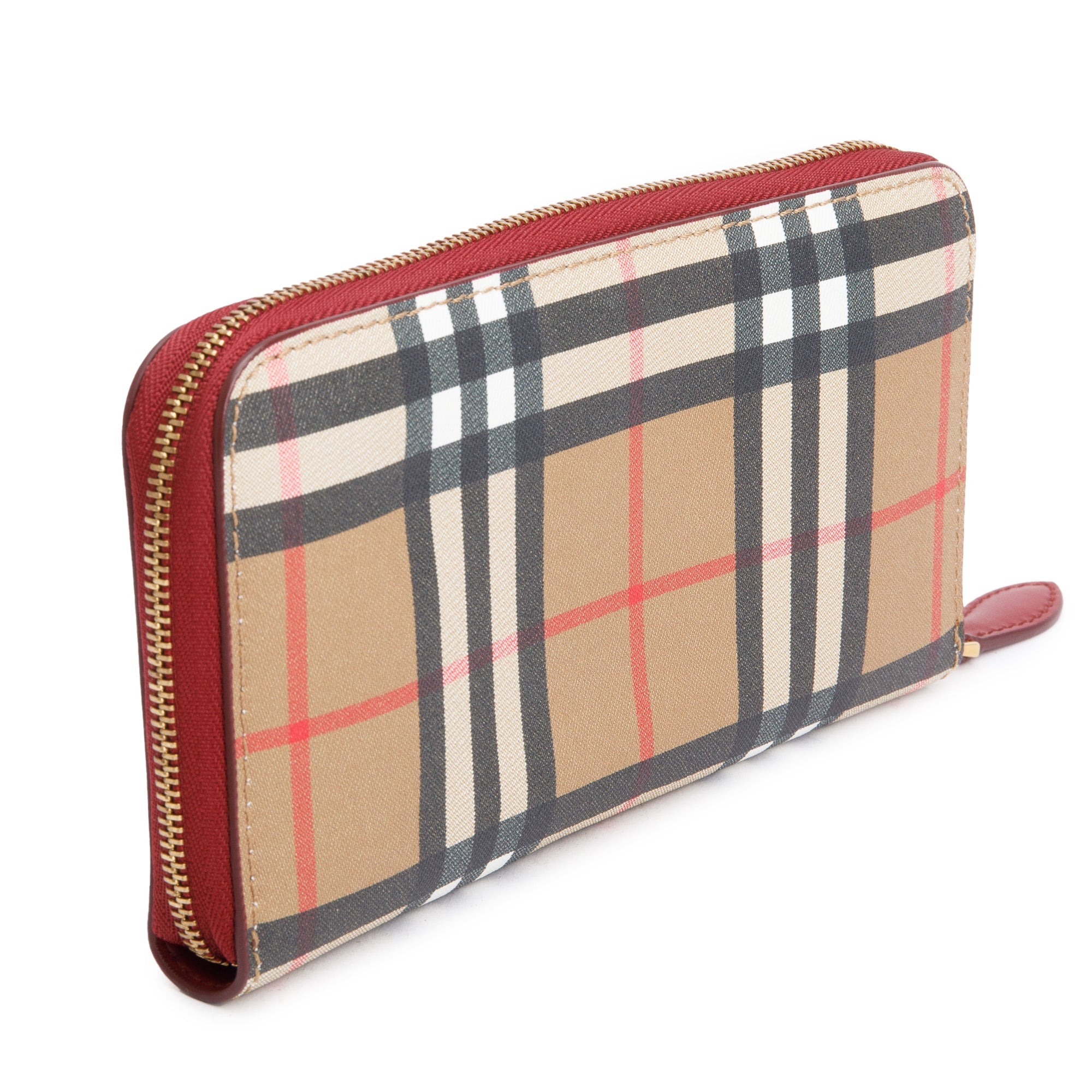Burberry Nova Check Red Leather Trim Continental Zip Wallet