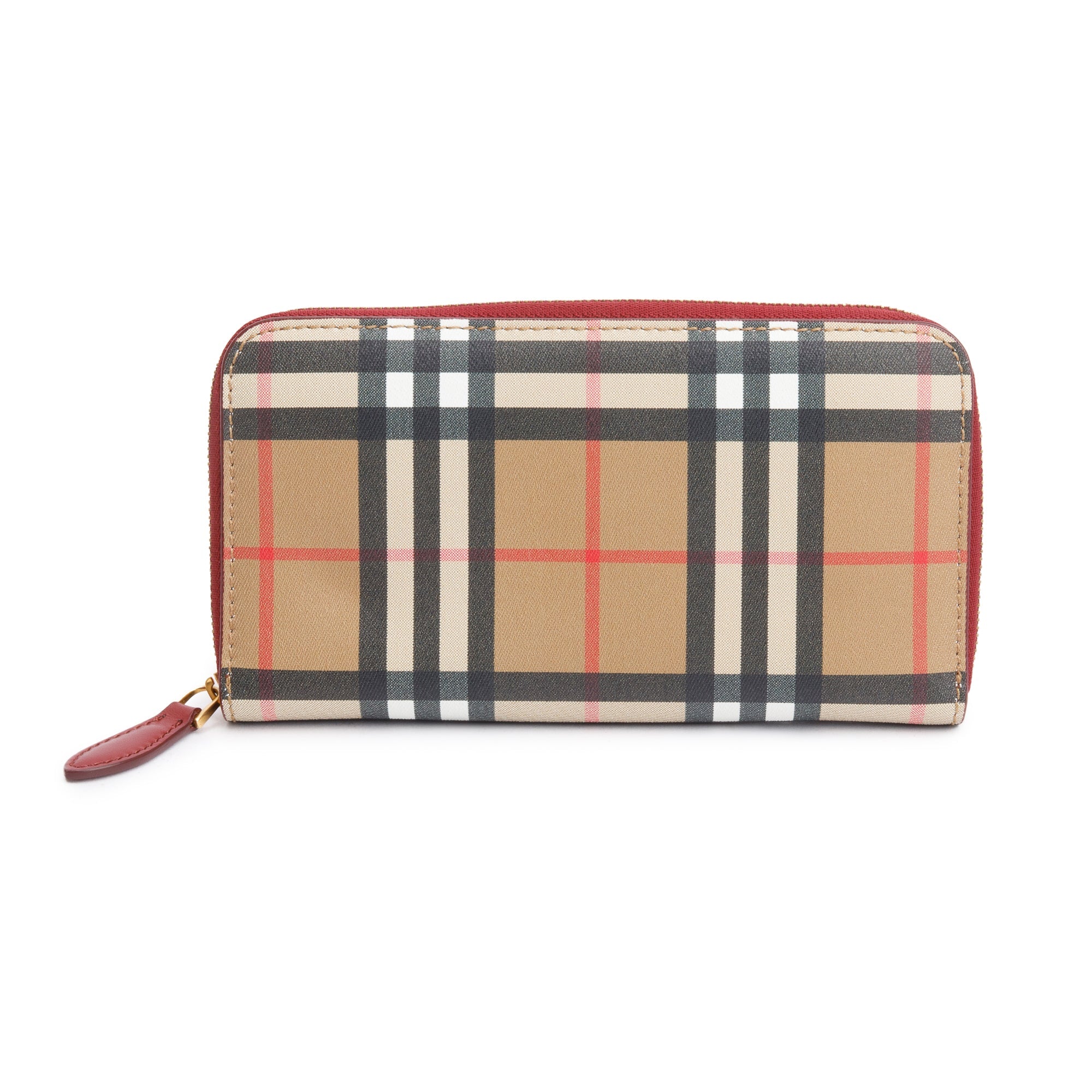 Burberry Nova Check Red Leather Trim Continental Zip Wallet