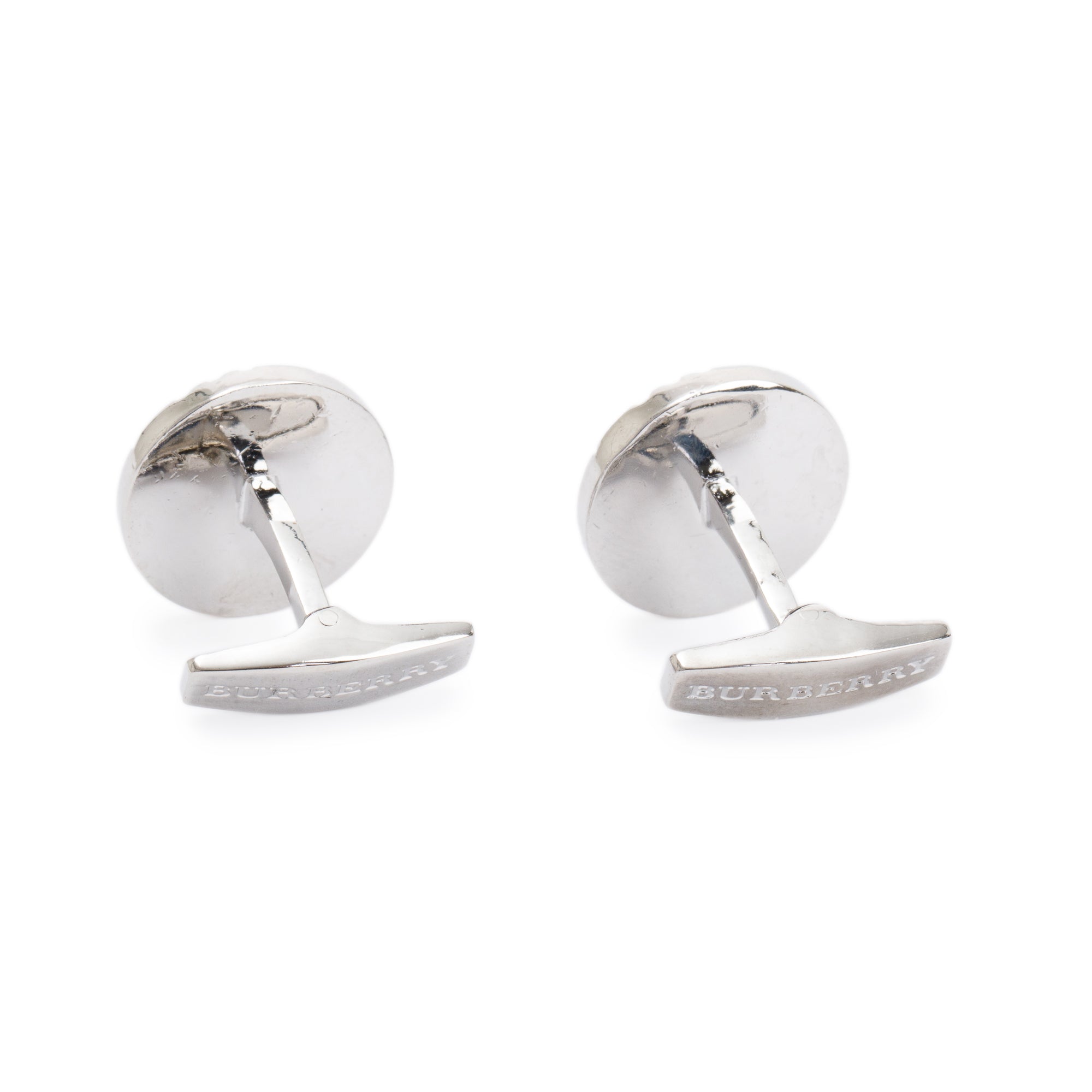 Burberry Palladium Plated Check-Engraved Round Cufflinks w/ Box