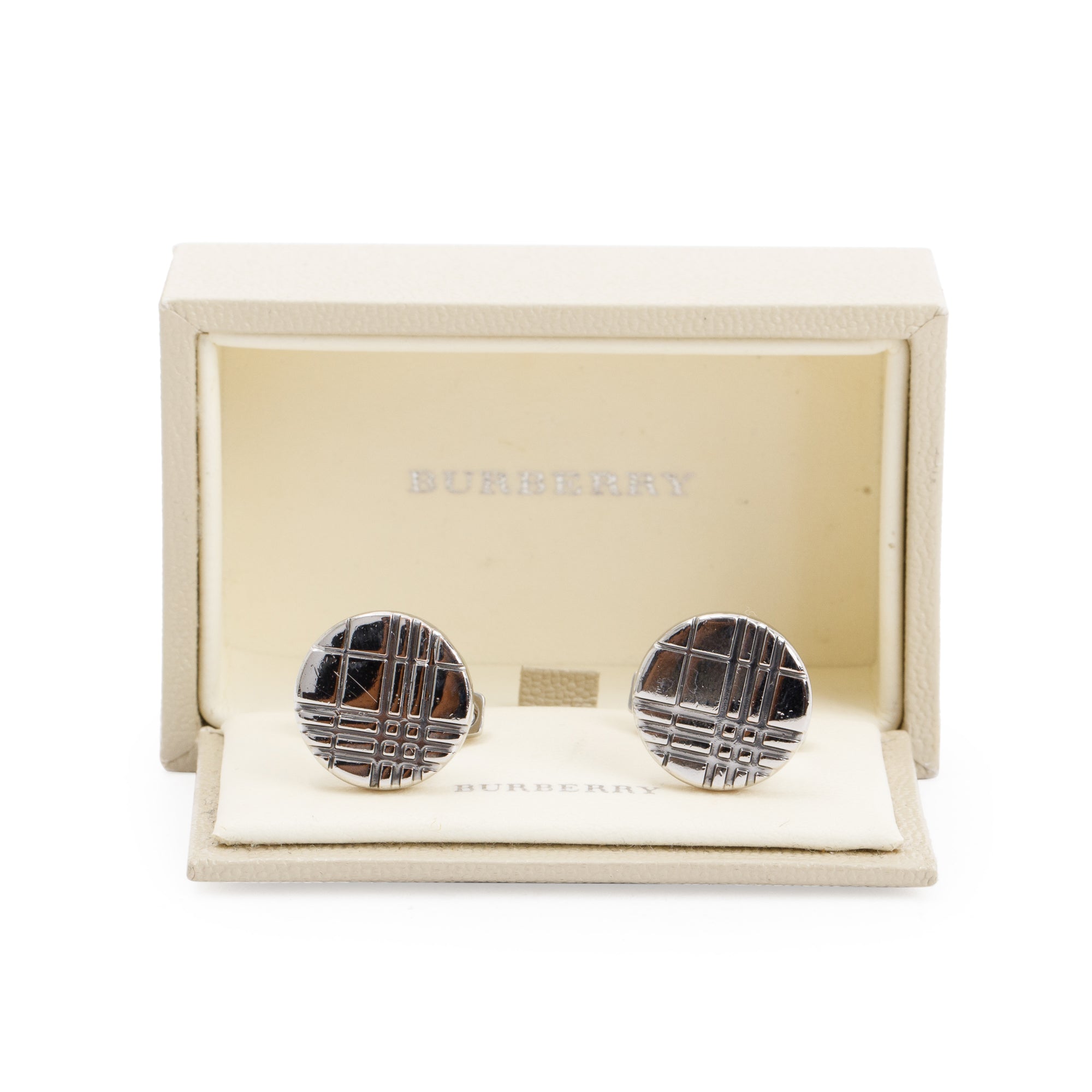 Burberry Palladium Plated Check-Engraved Round Cufflinks w/ Box