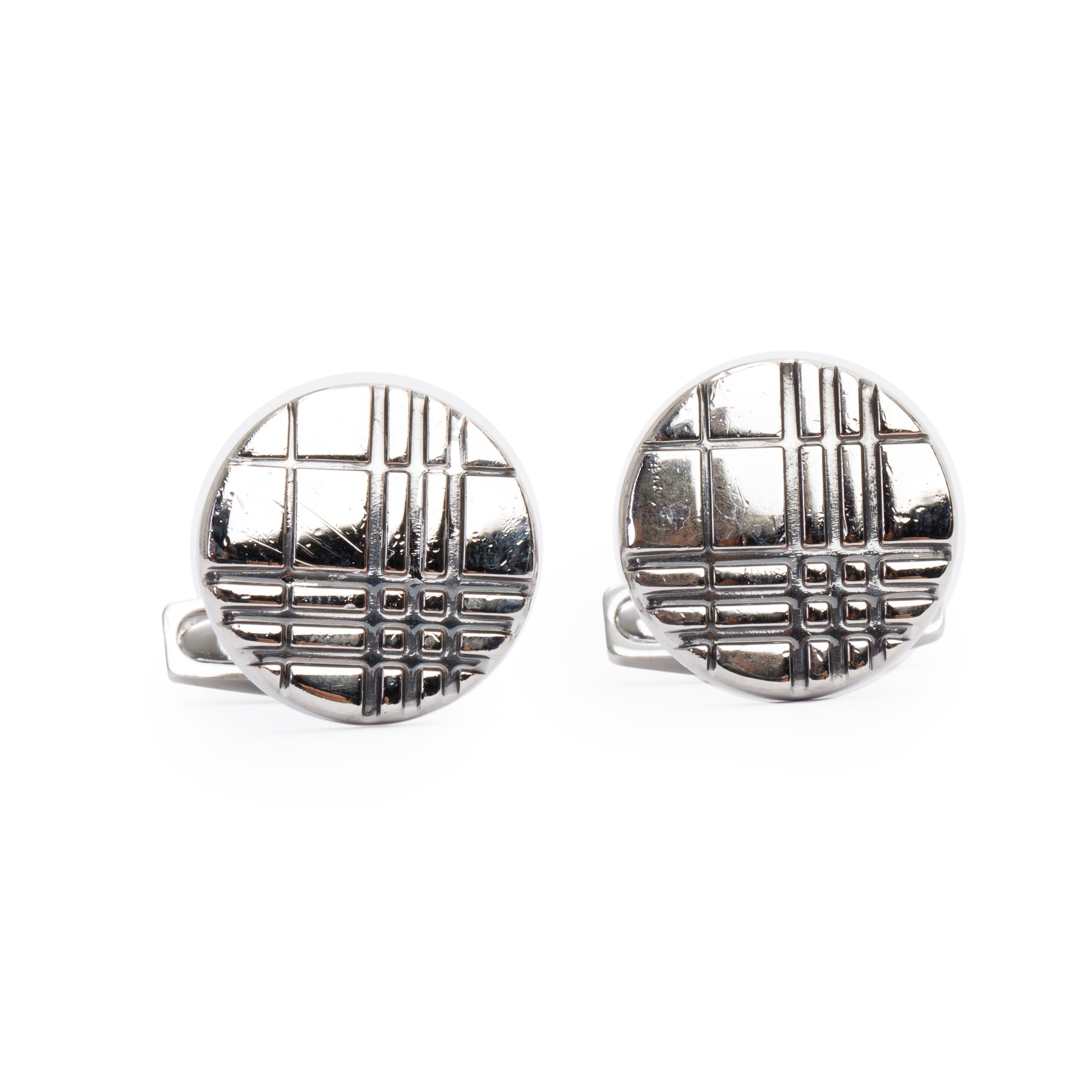 Burberry Palladium Plated Check-Engraved Round Cufflinks w/ Box