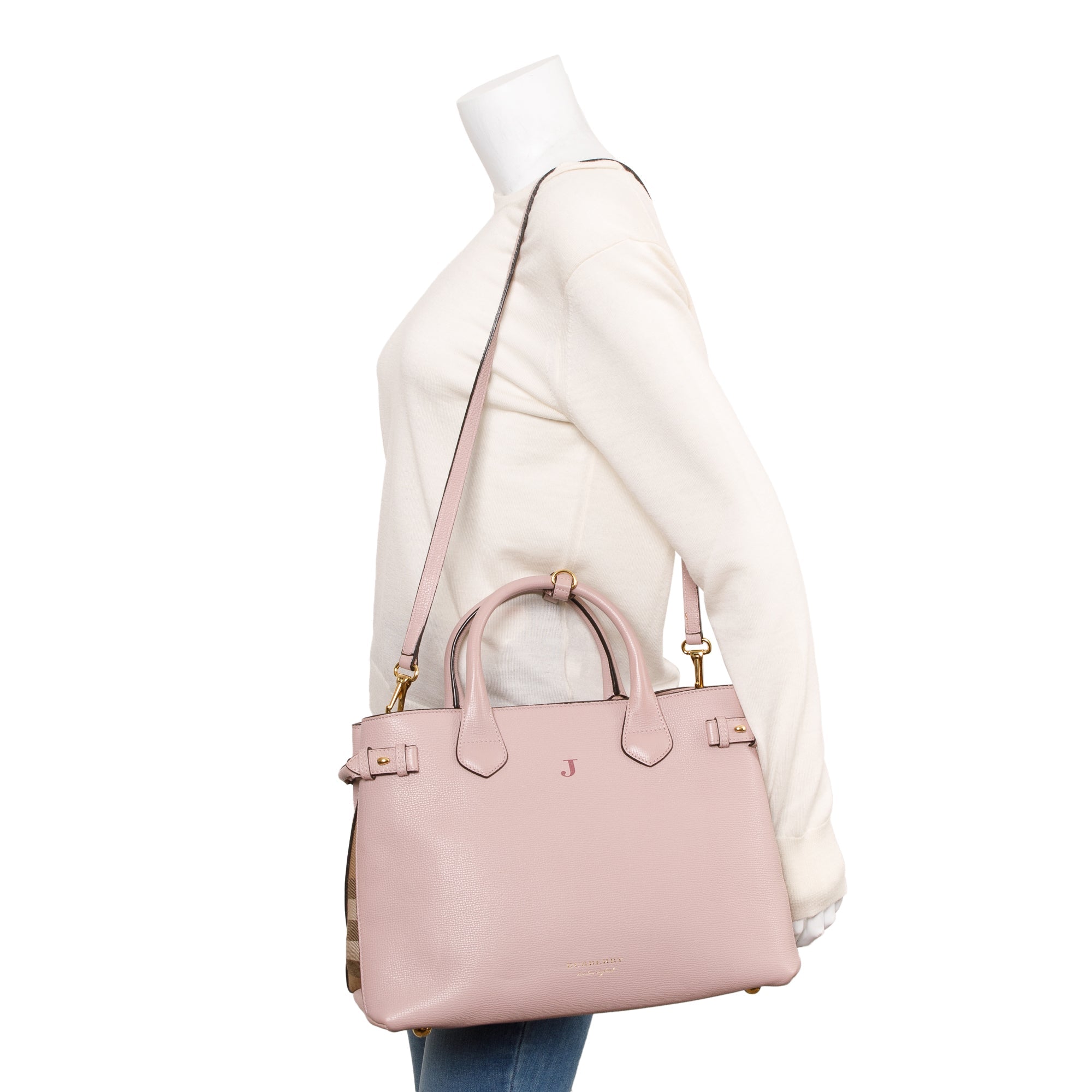 Burberry Pink Calfskin Leather House Check Medium Banner Tote w/ Strap