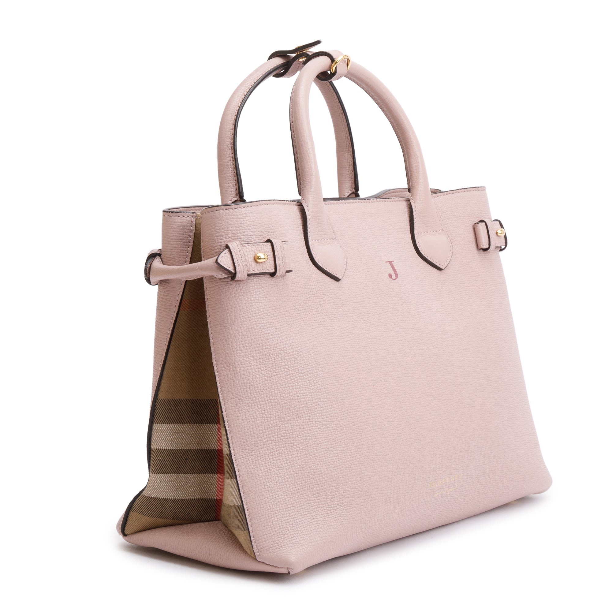 Burberry Pink Calfskin Leather House Check Medium Banner Tote w/ Strap