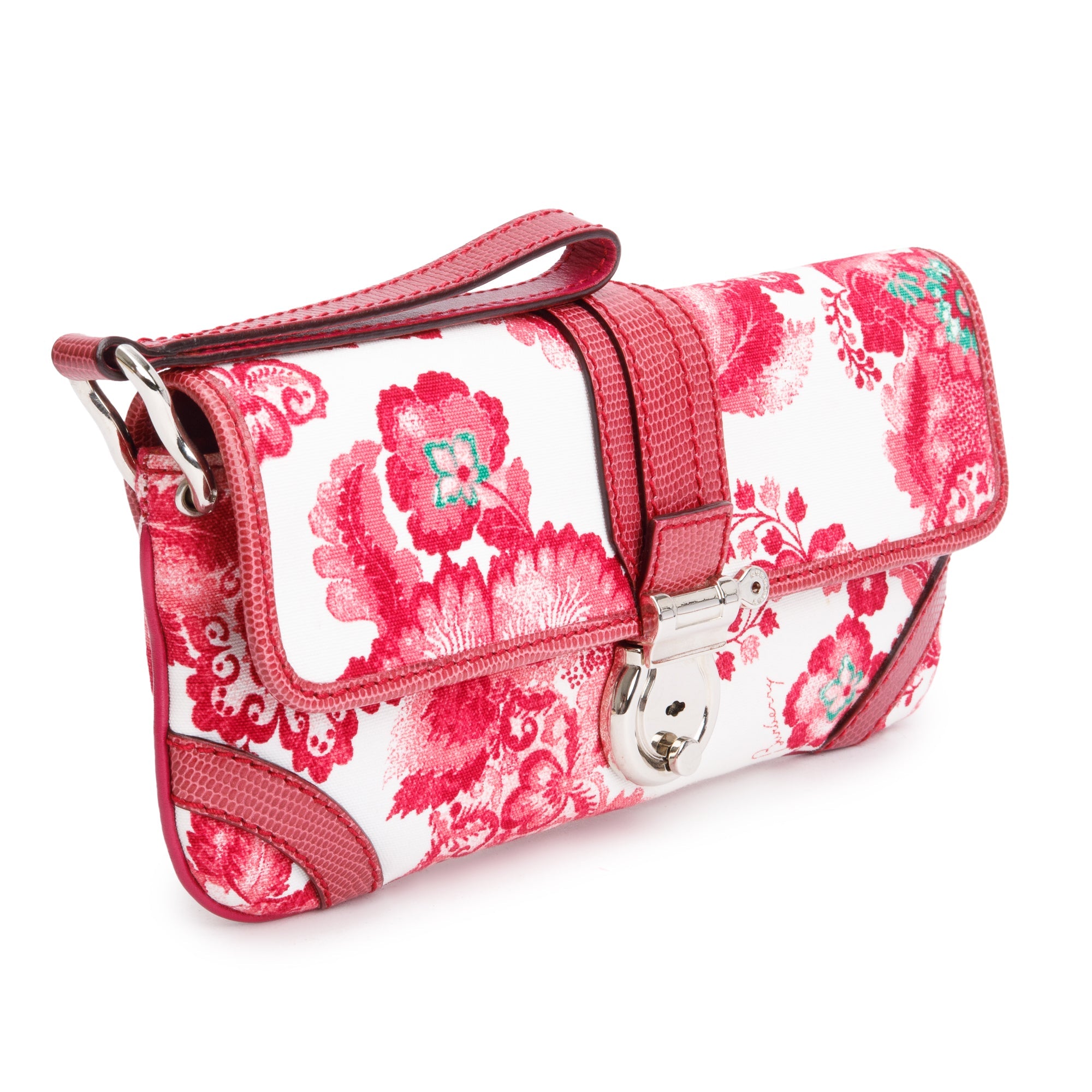 Burberry Pink Floral Print Canvas Python Trim Wristlet Clutch w/ Strap