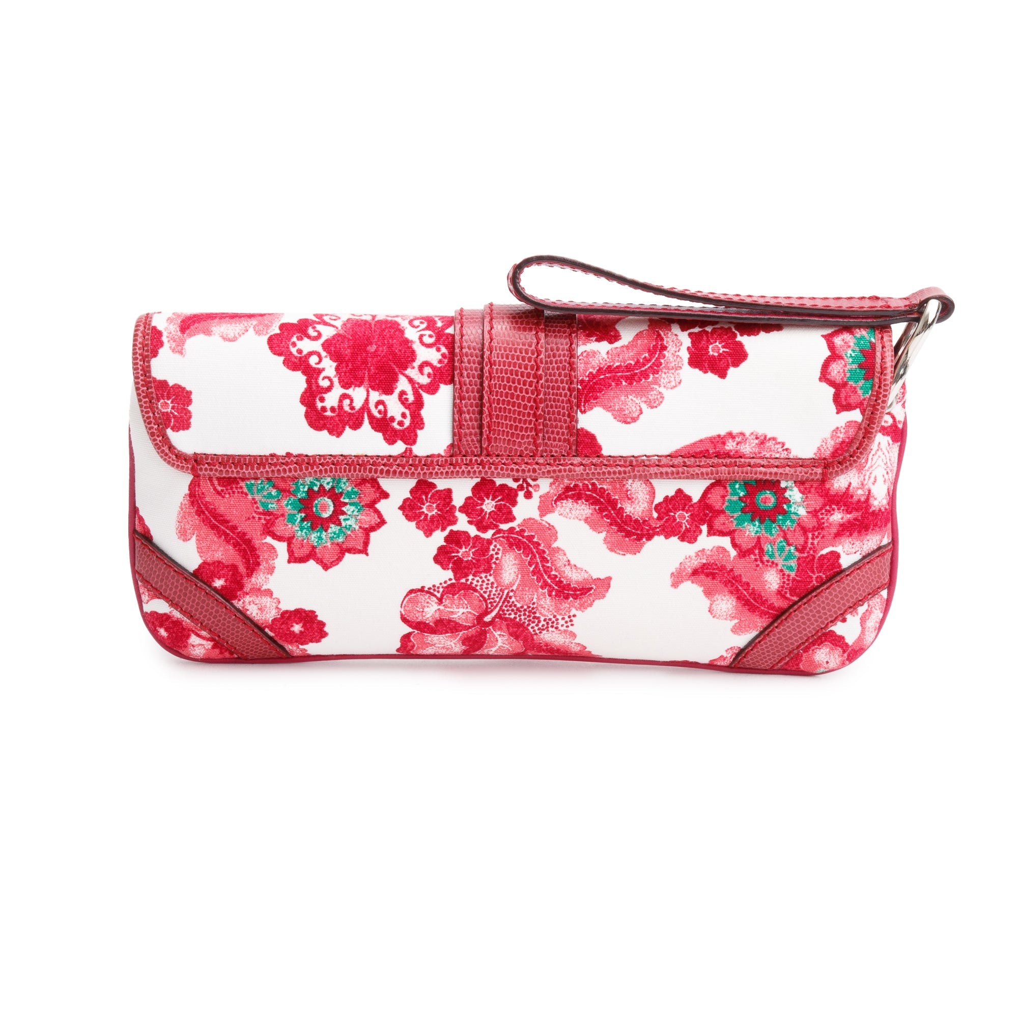 Burberry Pink Floral Print Canvas Python Trim Wristlet Clutch w/ Strap