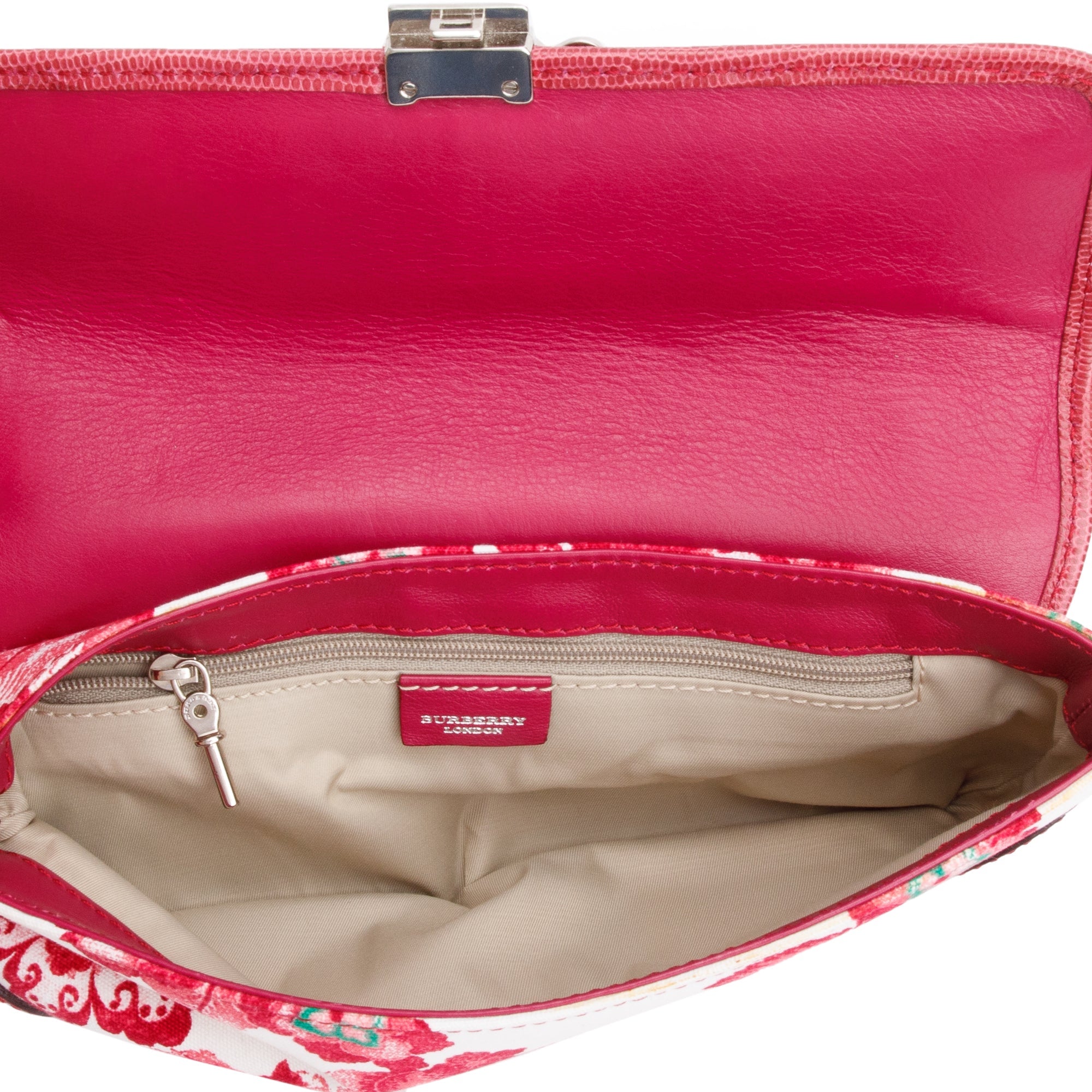 Burberry Pink Floral Print Canvas Python Trim Wristlet Clutch w/ Strap