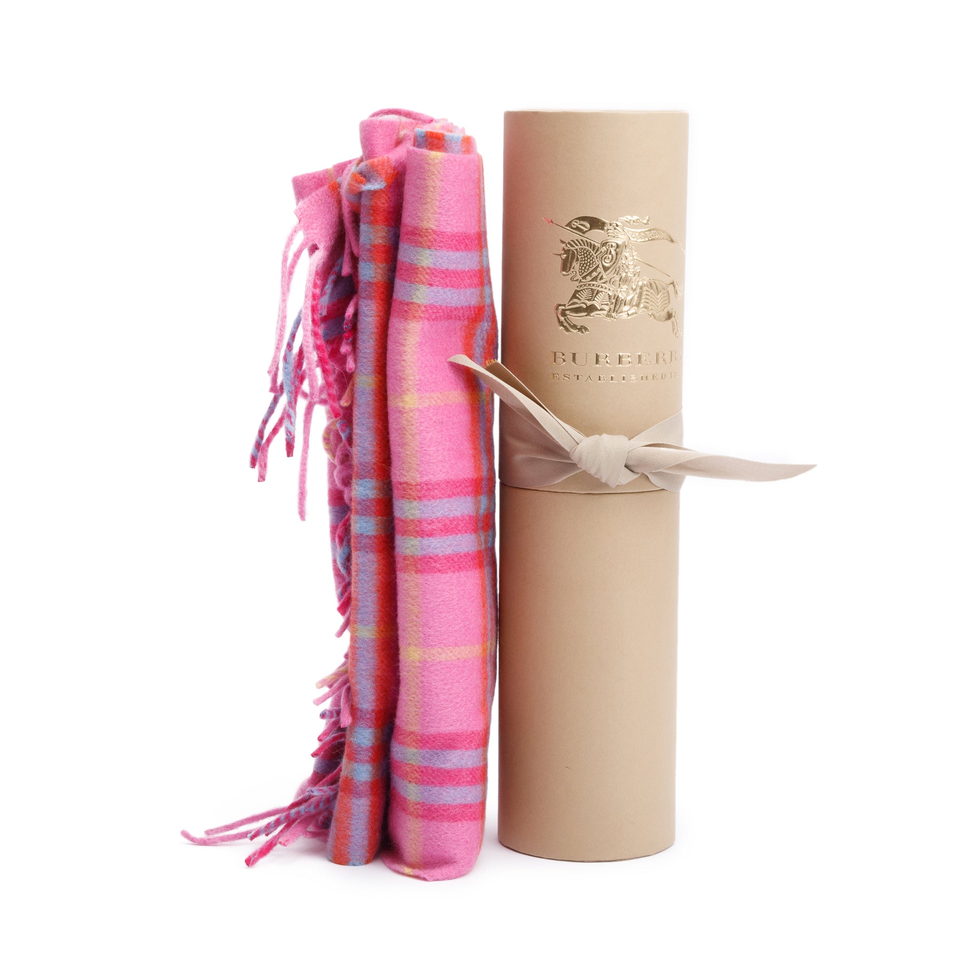 Burberry Pink Multicolor House Check Cashmere Scarf