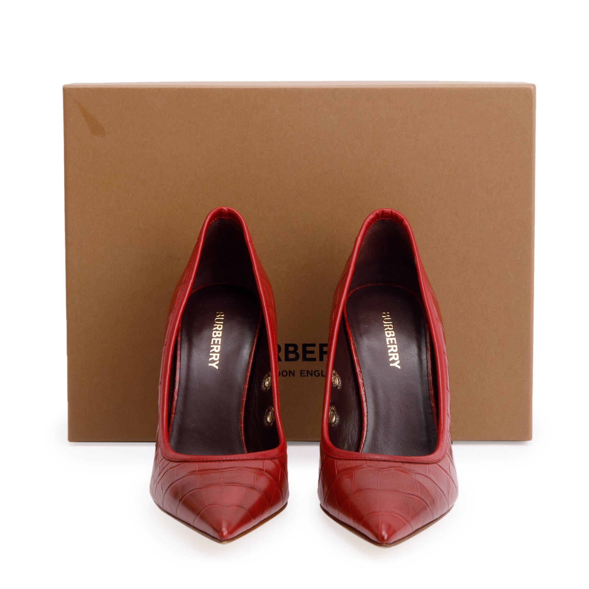 Burberry Red Croc Embossed Leather Aubri 100 Pumps, Size 37 w/ Box