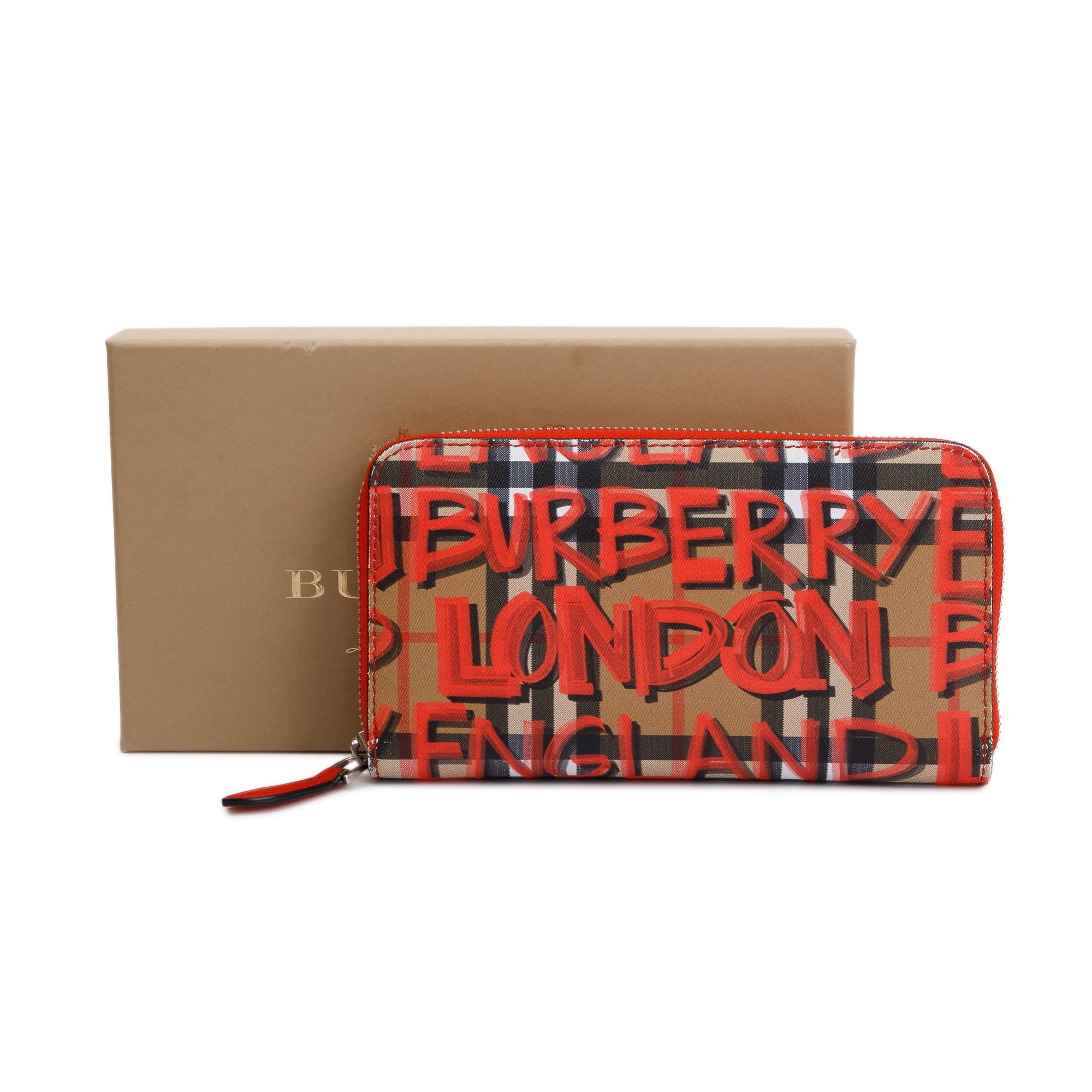Burberry Red Graffiti Check Zip Continental Wallet w/ Box