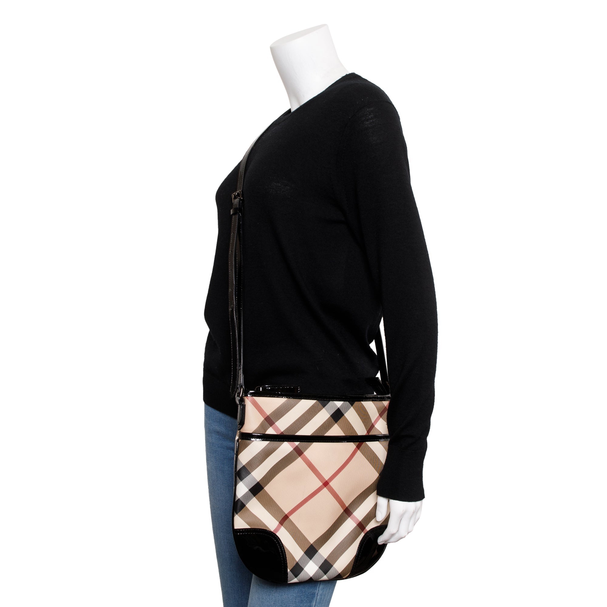 Burberry Super Nova Check Black Patent Leather Trimmed Dryden Crossbody Bag
