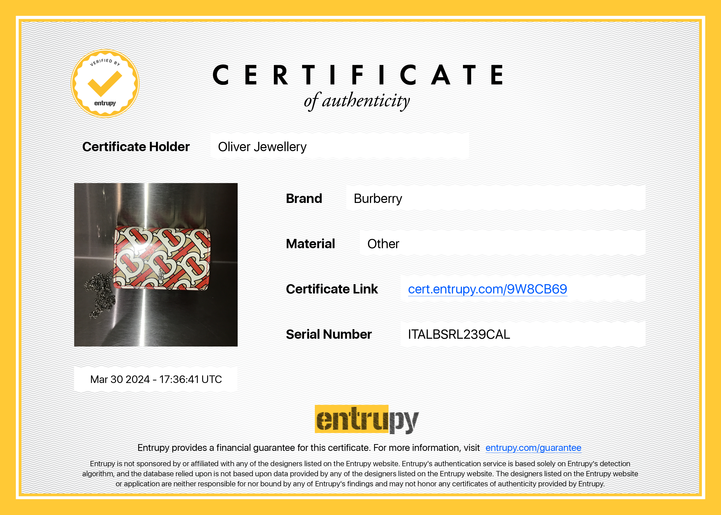 Burberry Vermillion Monogram Calfskin Jessie Chain Card Case